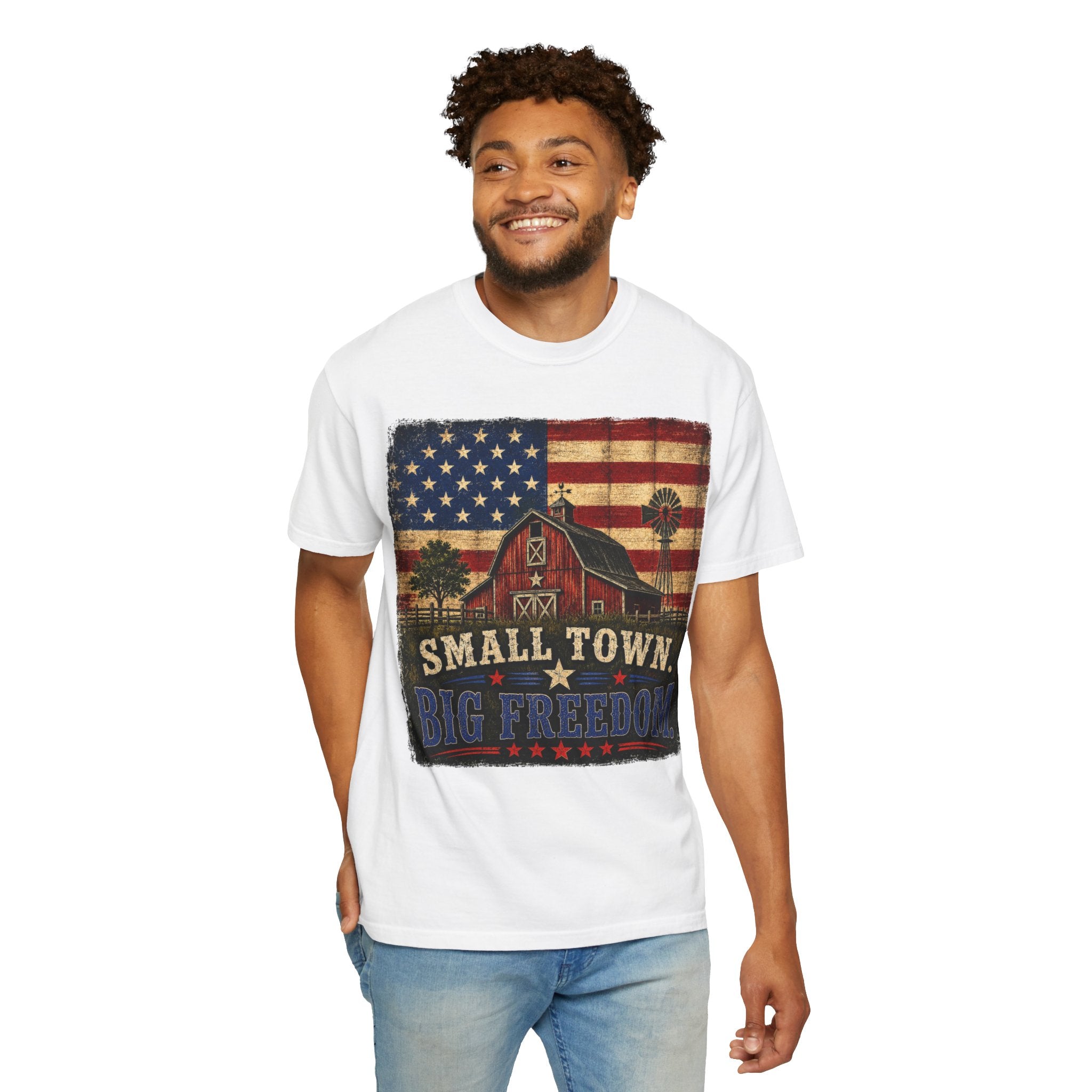 Small Town Big Freedom T-Shirt — Vintage American Flag Barn Tee