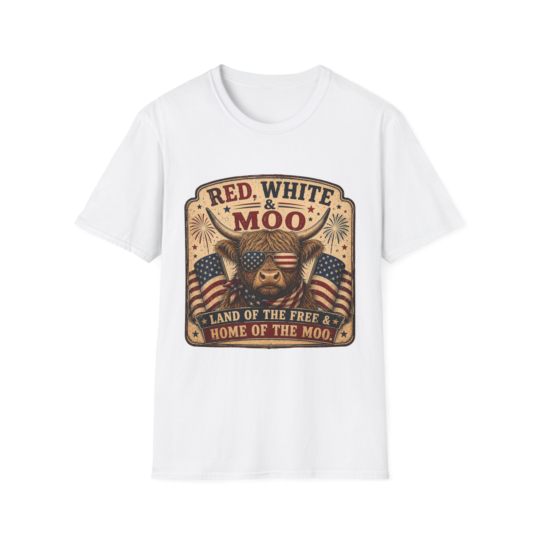 Red, White, & Moo Highland Cow Unisex Softstyle T-Shirt