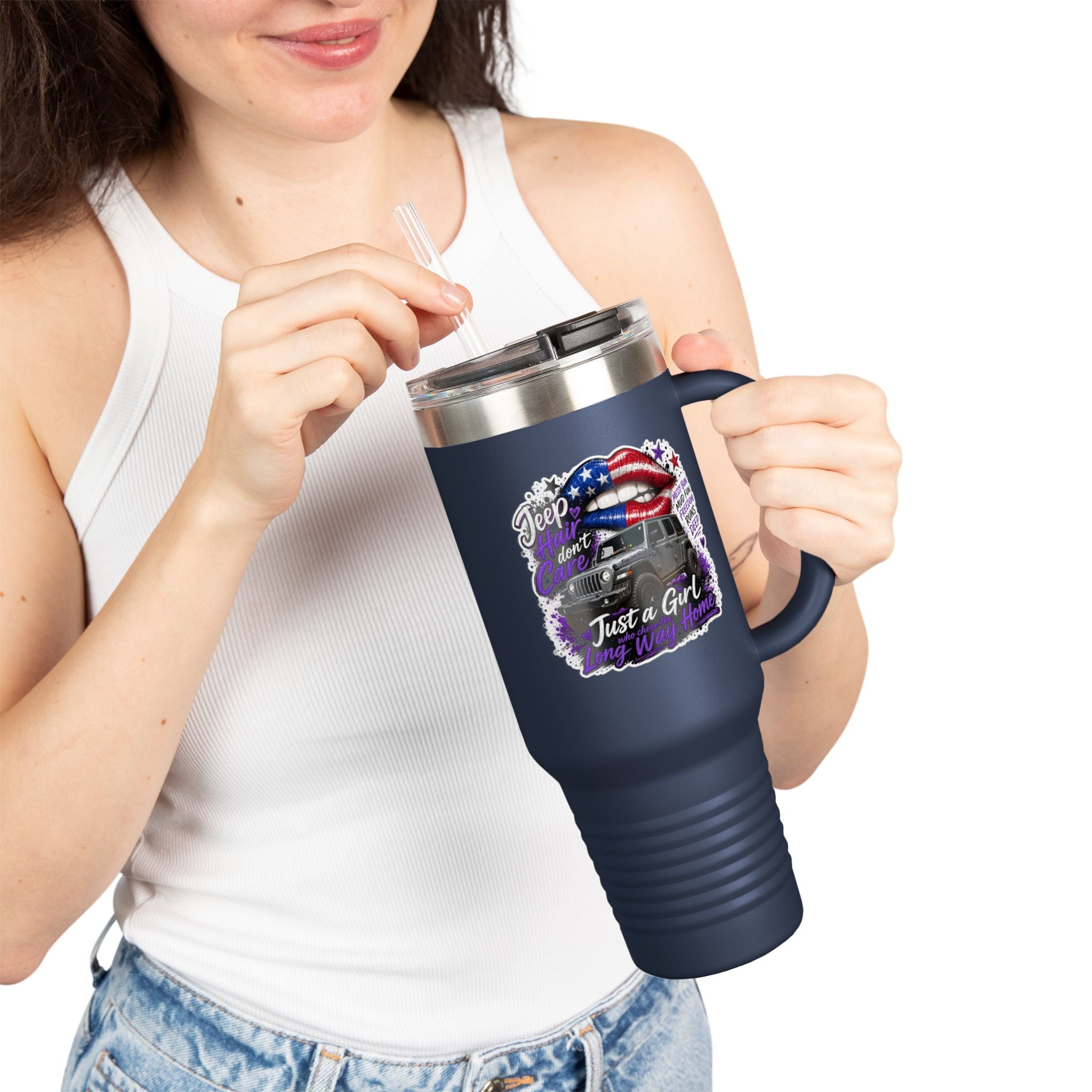 "Jeep Hair Don't Care" Patriotic Truck Design — 40oz Insulated Travel Mug