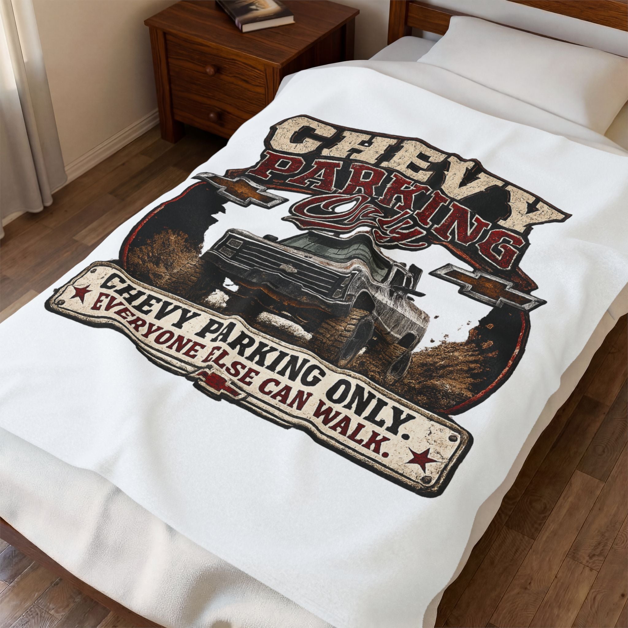 Chevy Parking Only Plush Blanket — Vintage Truck Crew Throw with "Chevy Parking Only. Everyone Else Can Walk." Design