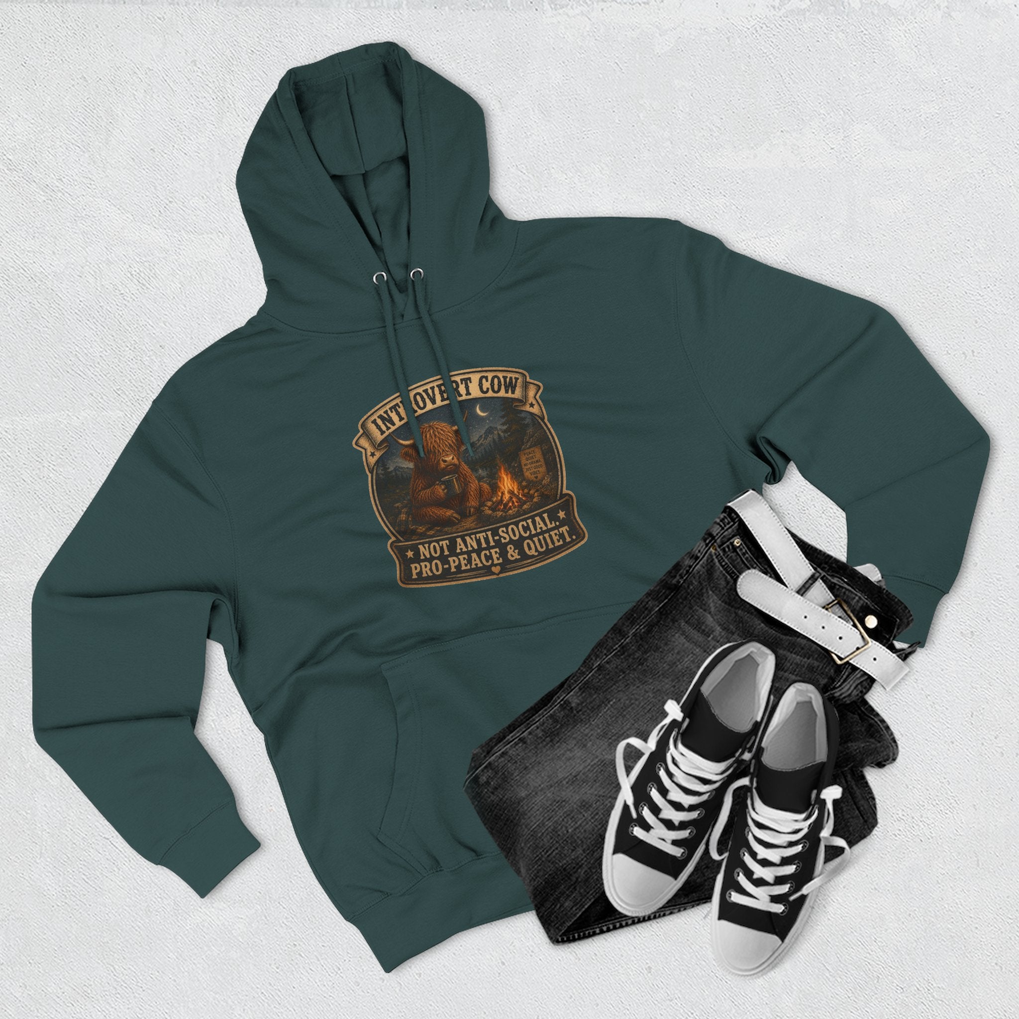Introvert Highland Cow Three-Panel Fleece Hoodie