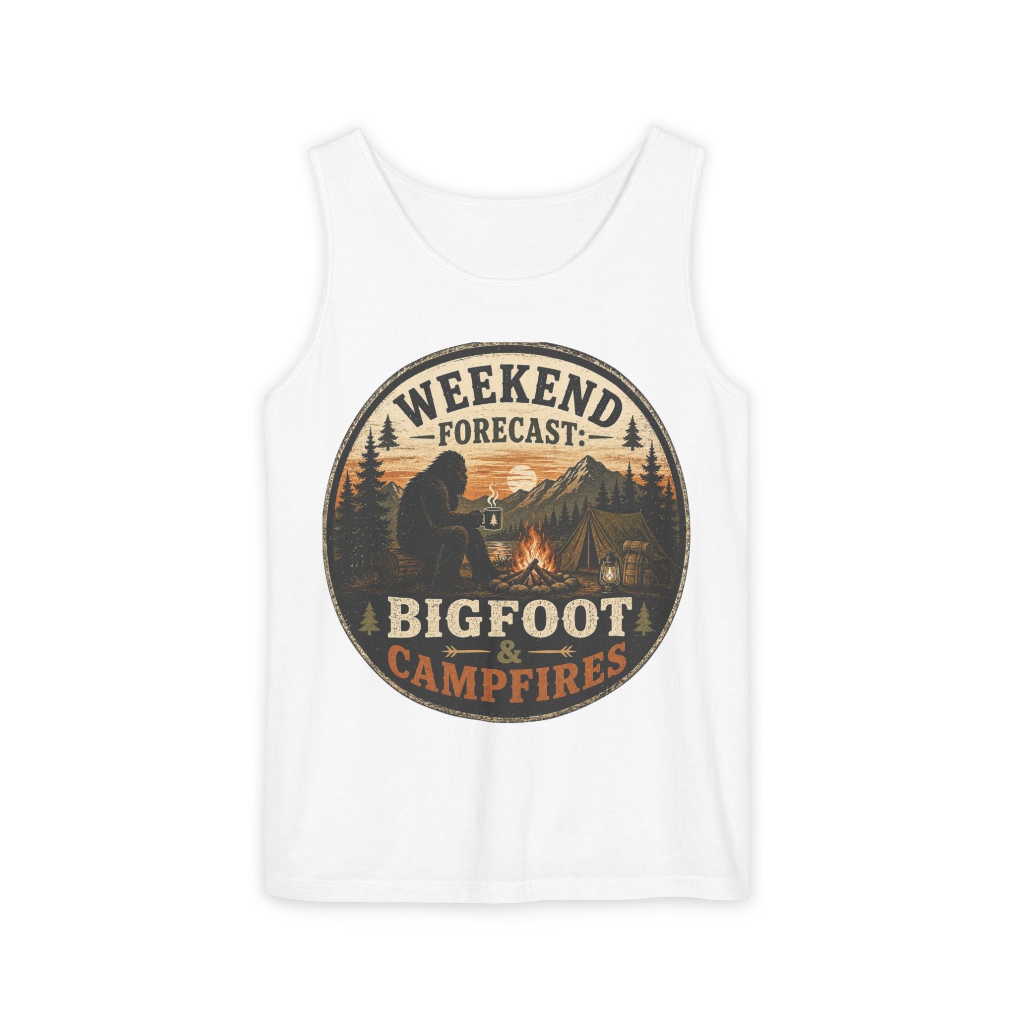 Bigfoot & Campfires Tank Top — "Weekend Forecast: Bigfoot & Campfires" Outdoor Camping Tank
