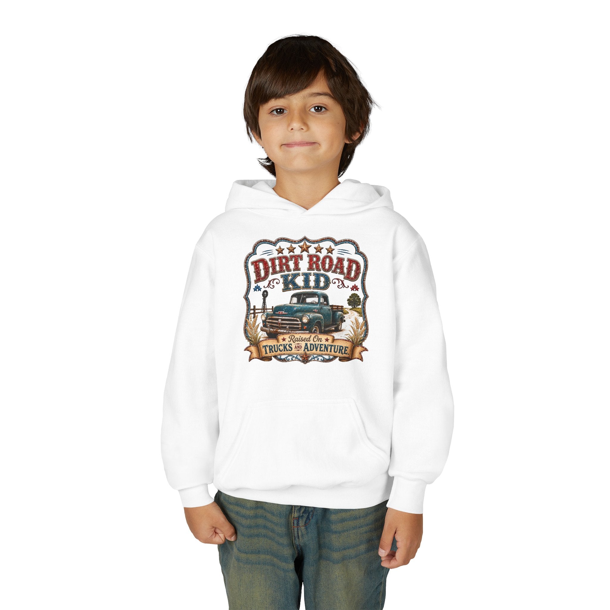 Youth Hoodie — “Dirt Road Kid” Vintage Truck Adventure Sweatshirt