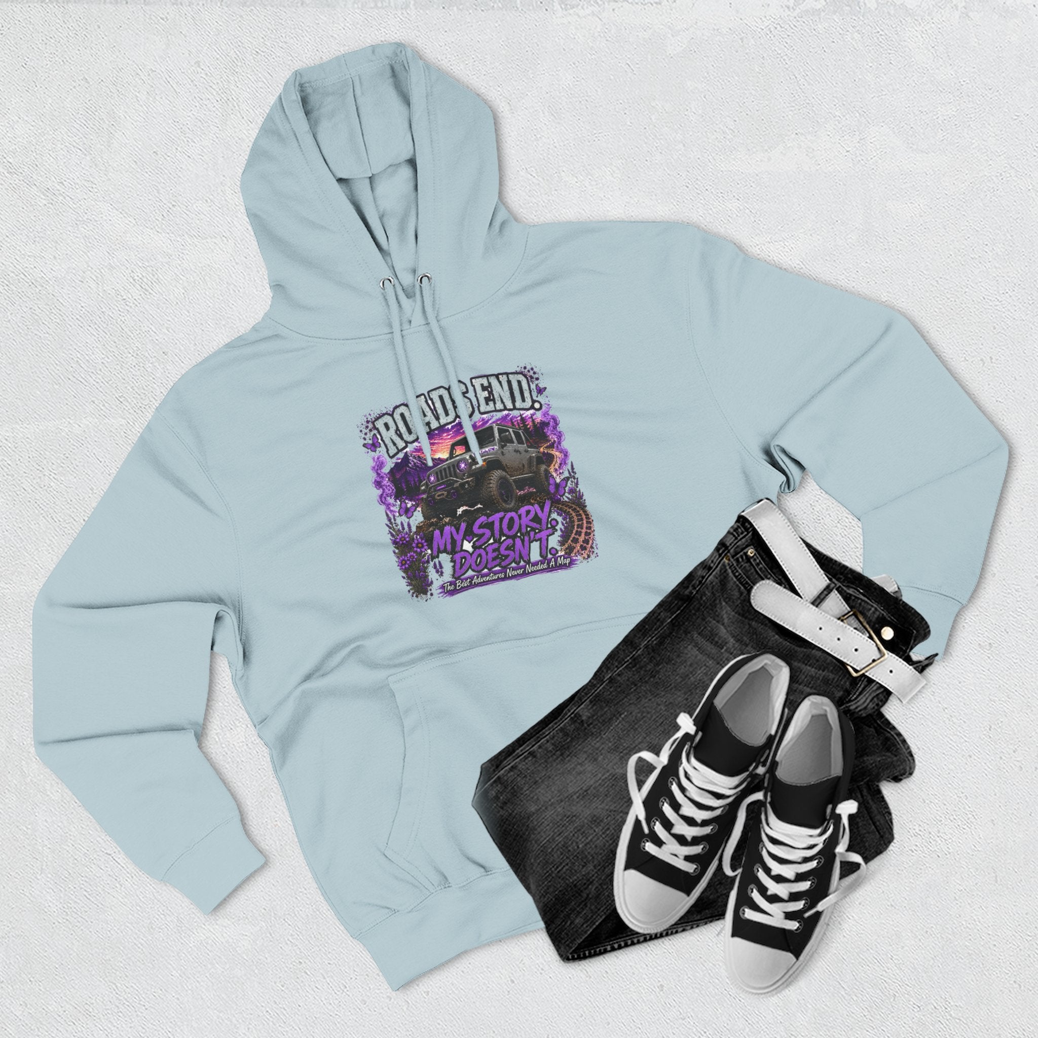 Roads End Jeep (Purple) Three-Panel Fleece Hoodie
