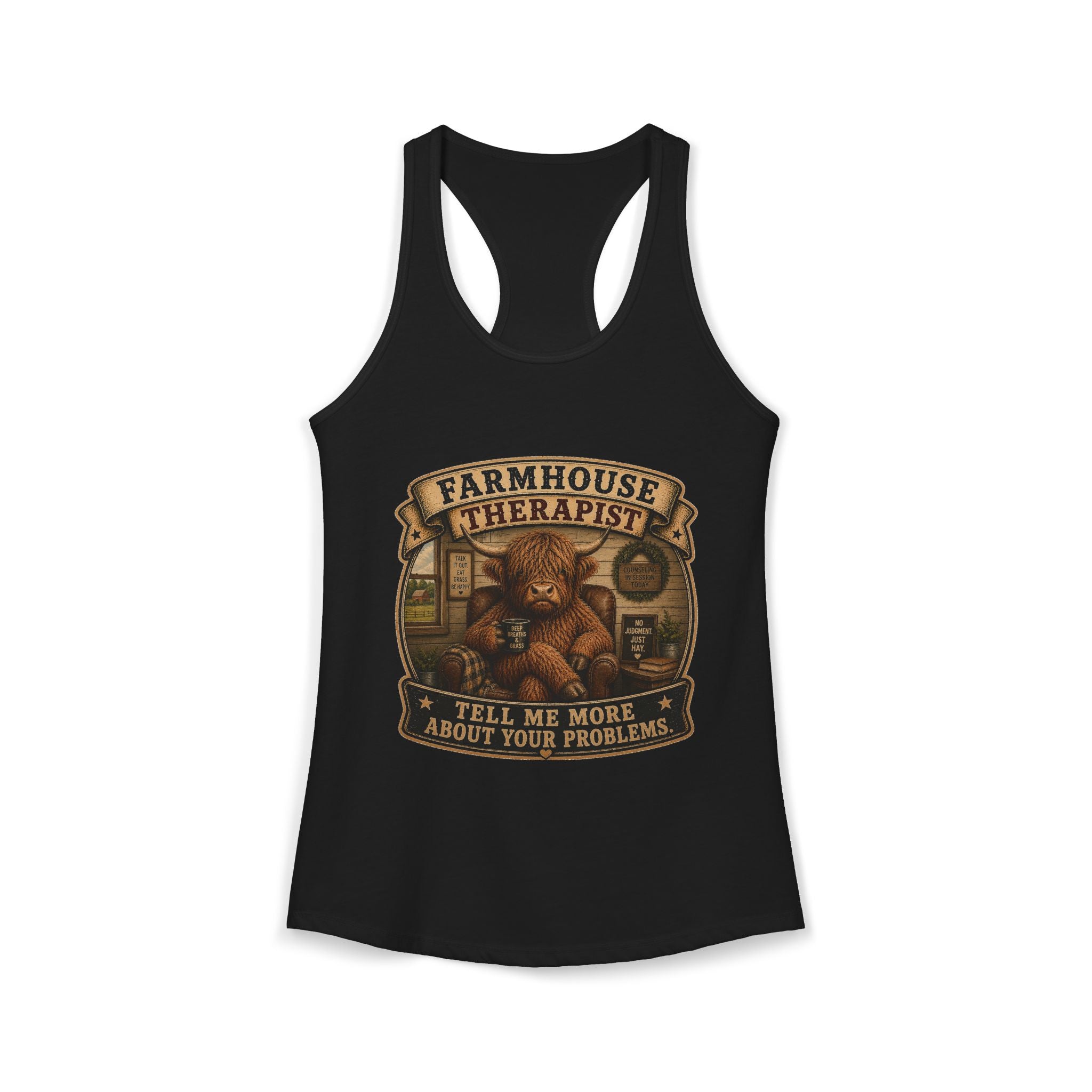 Farmhouse Therapist Highland Cow Women's Ideal Racerback Tank