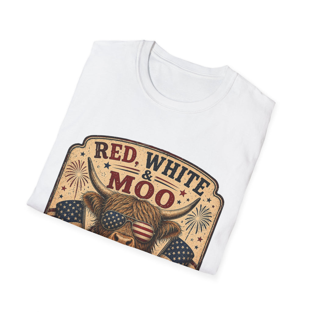 Red, White, & Moo Highland Cow Unisex Softstyle T-Shirt