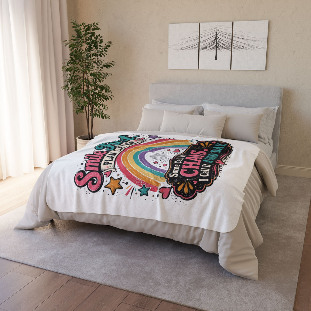 "Smile First, Plan Later" Rainbow Chaos Cozy Throw — Fleece Sherpa Blanket