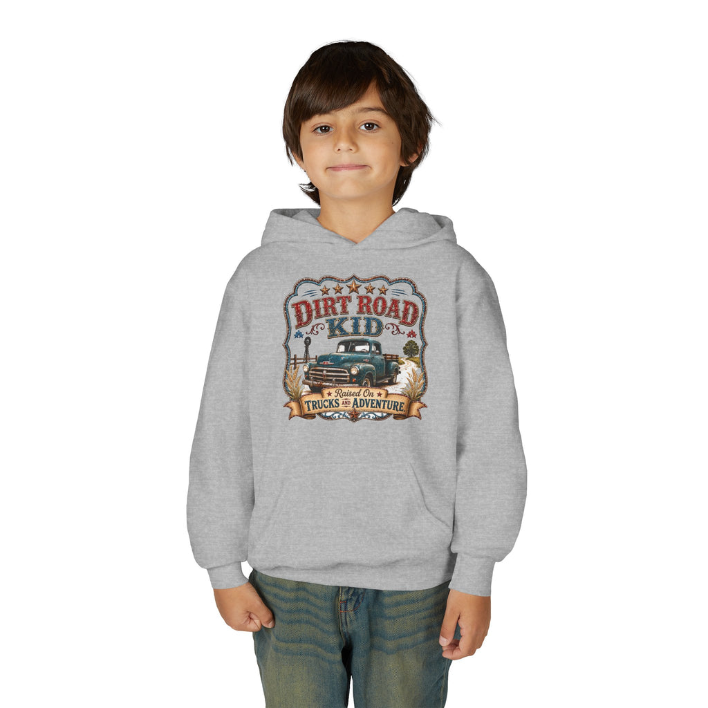 Youth Hoodie — “Dirt Road Kid” Vintage Truck Adventure Sweatshirt