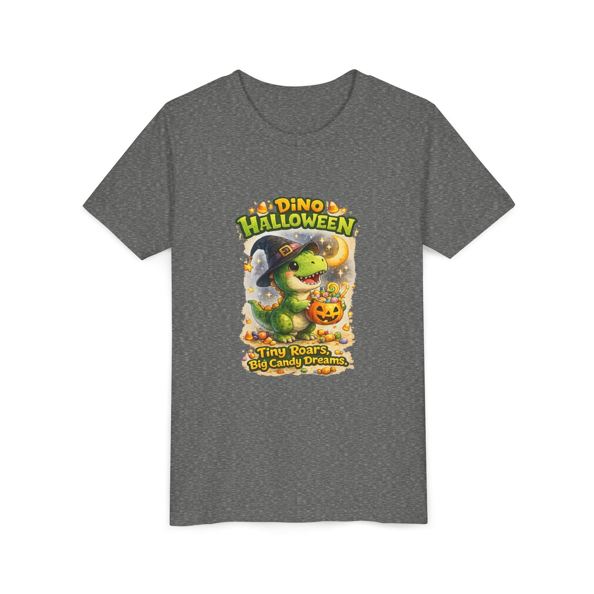 Dino Halloween "Tiny Roars, Big Candy Dreams" Cute Trick-or-Treat T-Shirt - Youth Tee