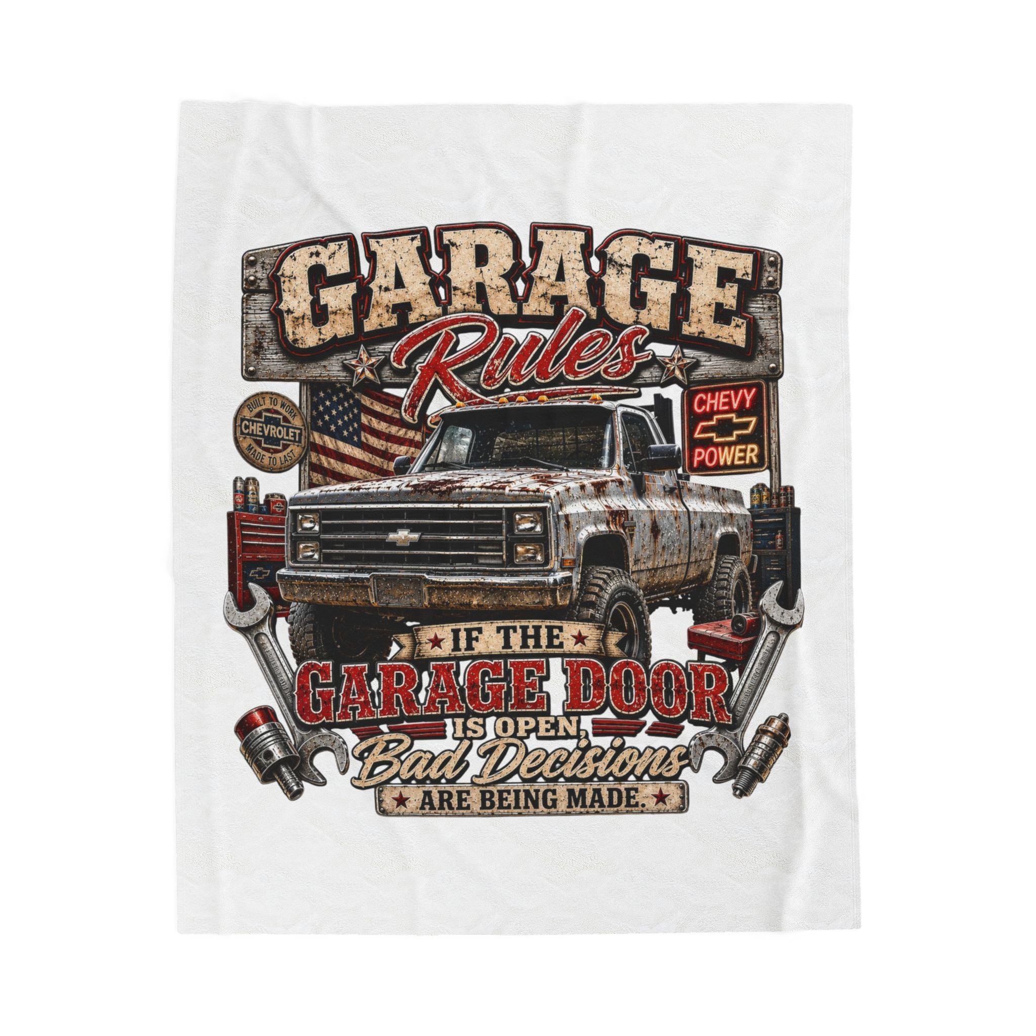 Garage Rules Velveteen Plush Blanket — “If the Garage Door Is Open Bad Decisions Are Being Made” Vintage Truck Design