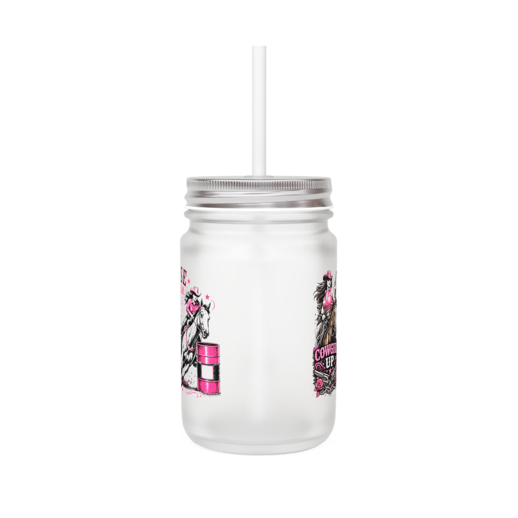 Mason Jar Tumbler — 'Chase the Dream, Ride with Courage' Racing Glass Jar with Handle & Straw (Pink Accent)