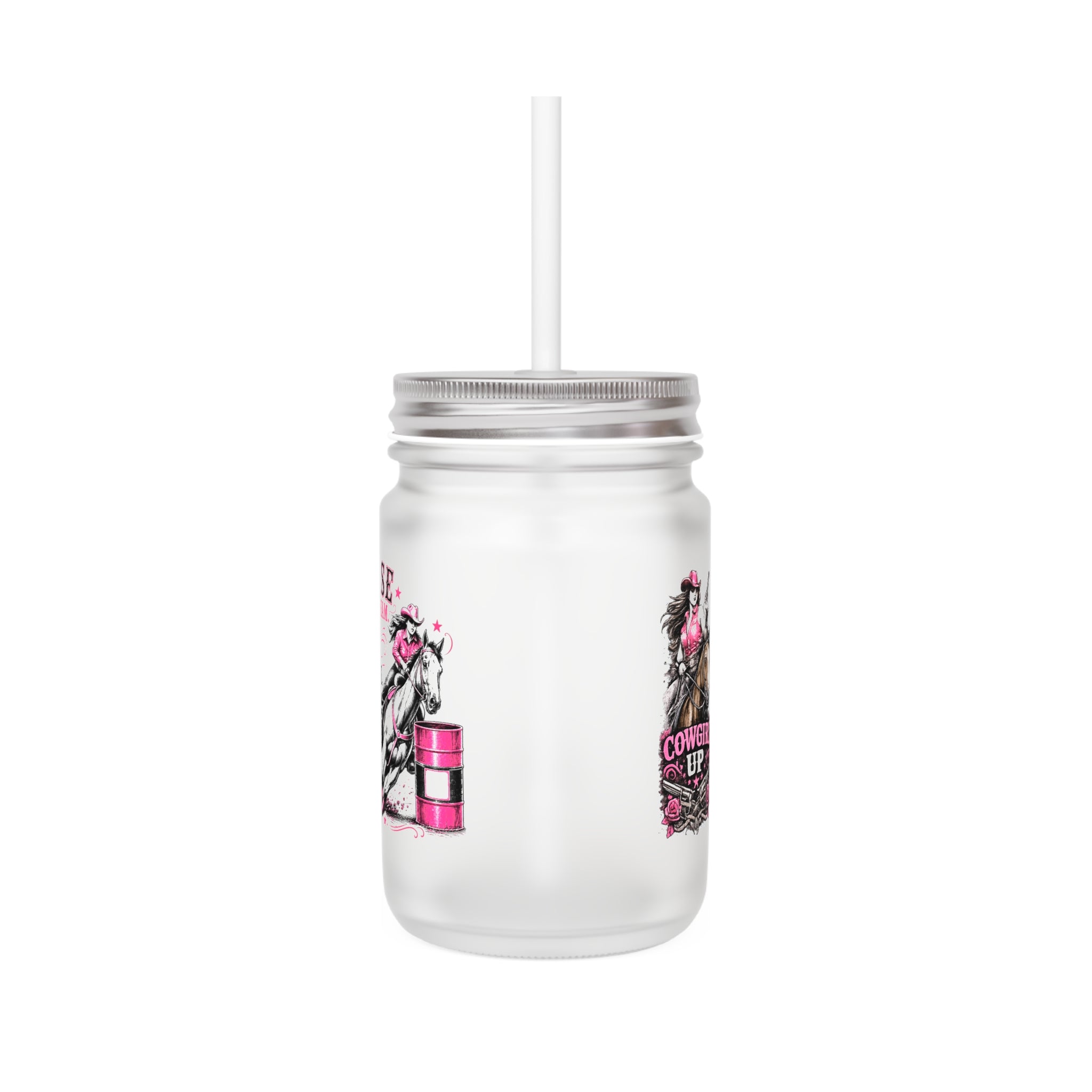 Mason Jar Tumbler — 'Chase the Dream, Ride with Courage' Racing Glass Jar with Handle & Straw (Pink Accent)