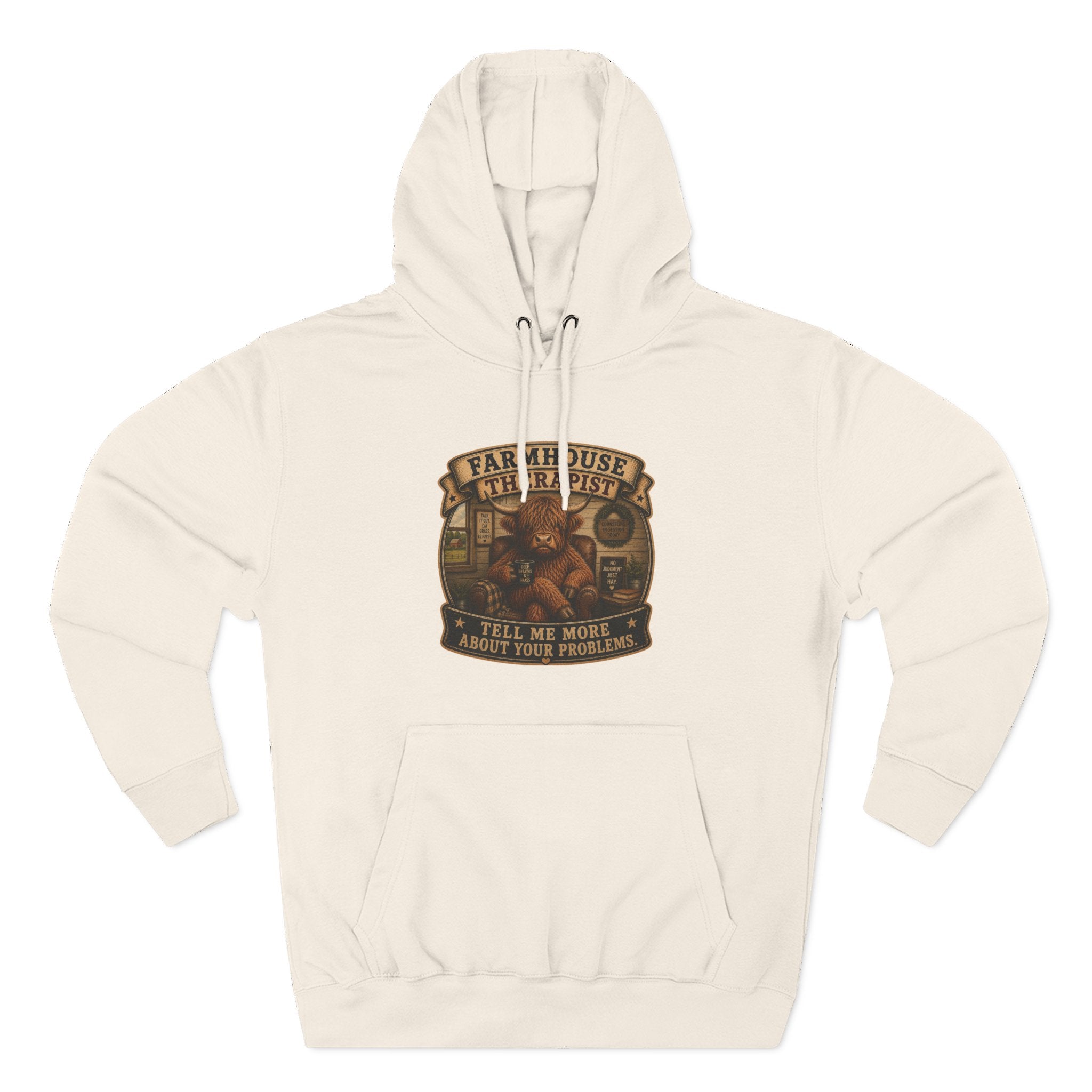 Farmhouse Therapist Highland Cow Three-Panel Fleece Hoodie