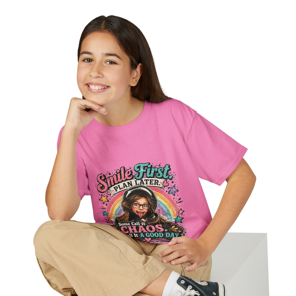 "Smile First, Plan Later" Funny Chaos Rainbow Kids Tee — Youth T-Shirt