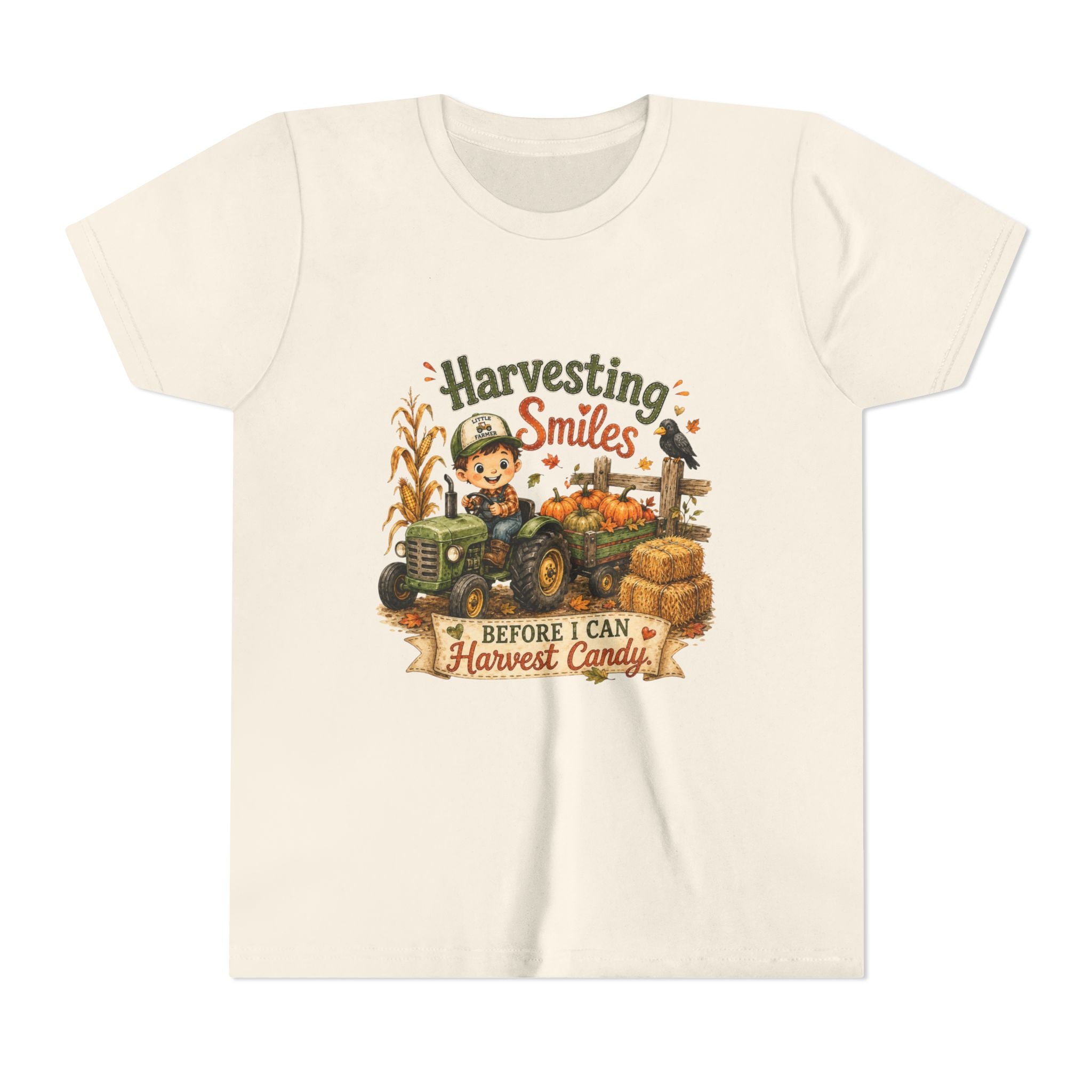 "Harvesting Smiles Before I Can Harvest Candy" Fall Tractor Halloween Kids Shirt — Youth Tee
