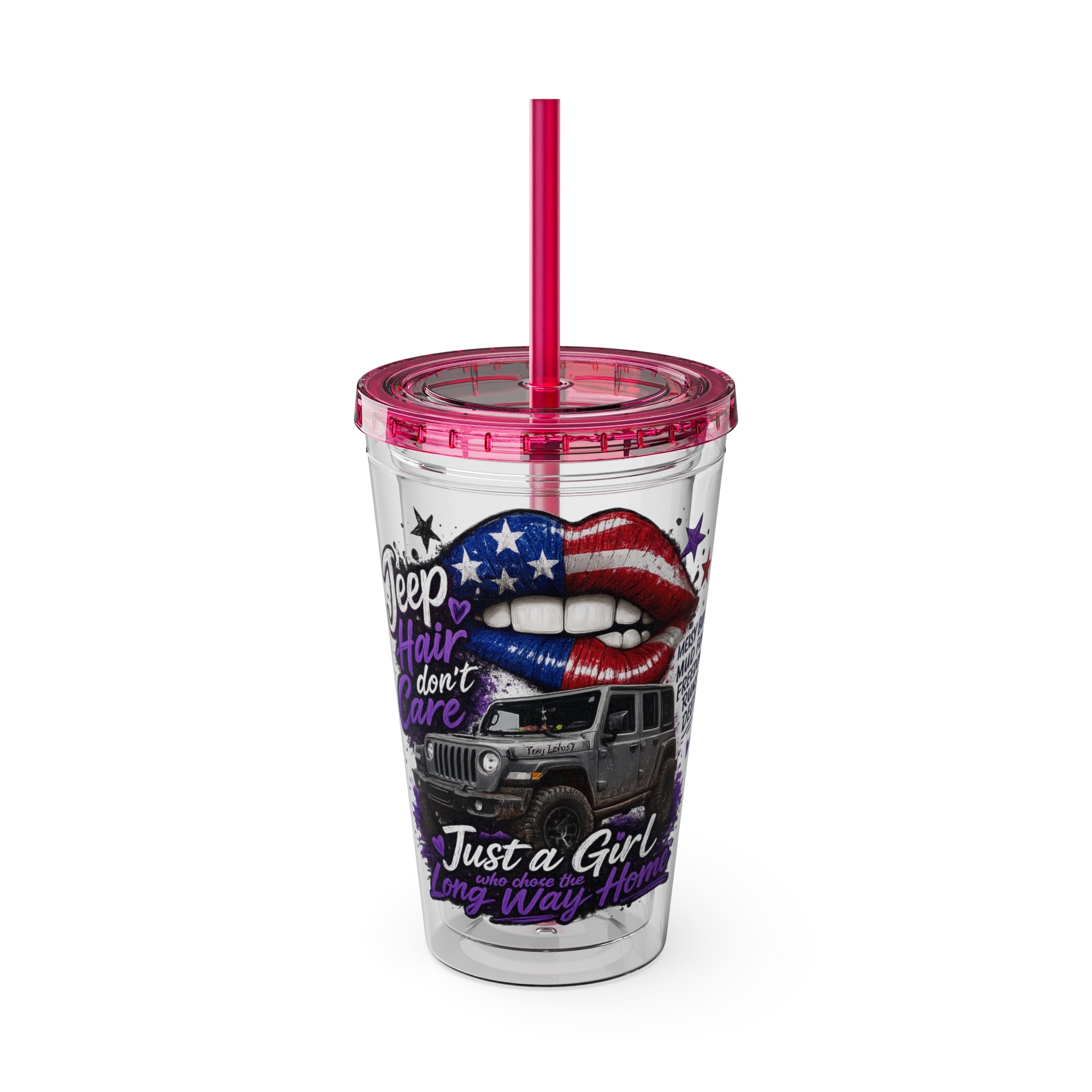 Jeep Girl 16oz Tumbler with Straw — American Flag Lips ‘Jeep Hair Don’t Care’ Design