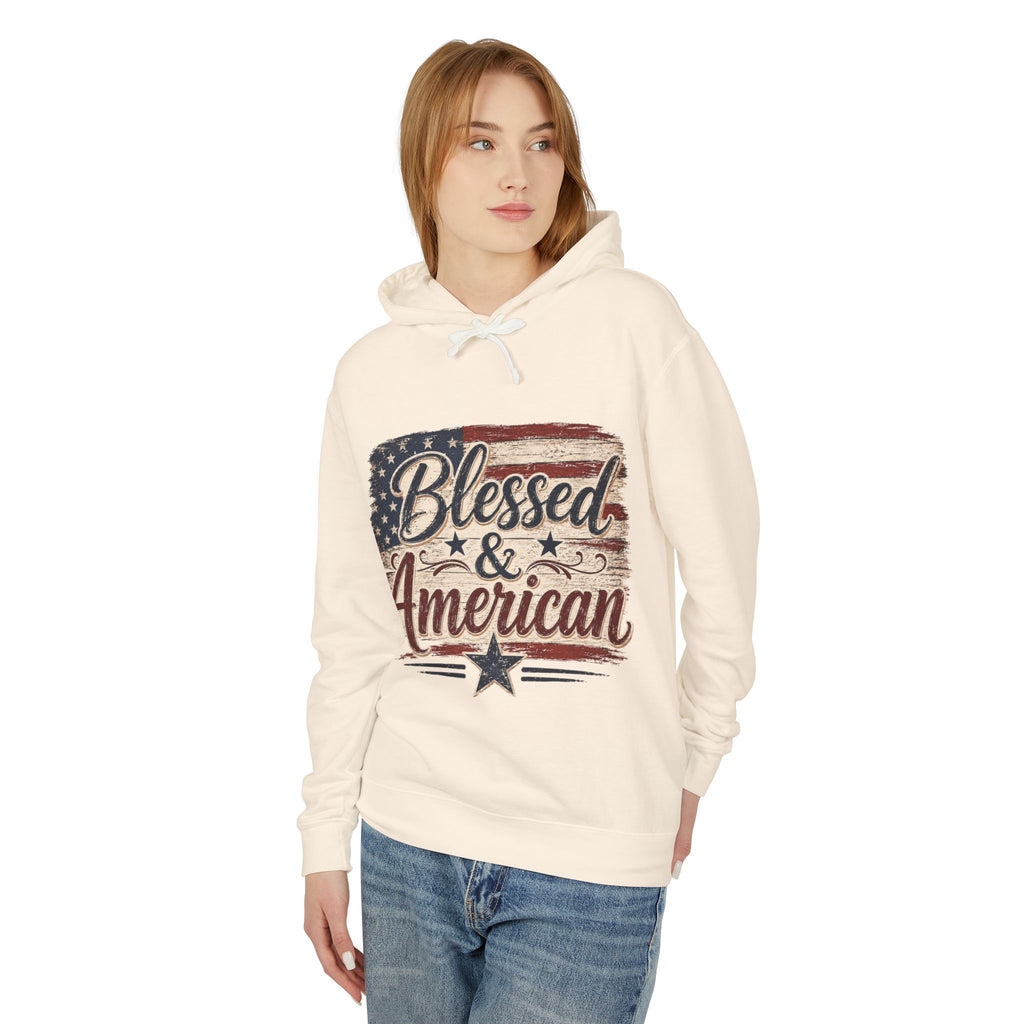 Blessed & American Hoodie — Patriotic Flag Graphic Lightweight Sweatshirt