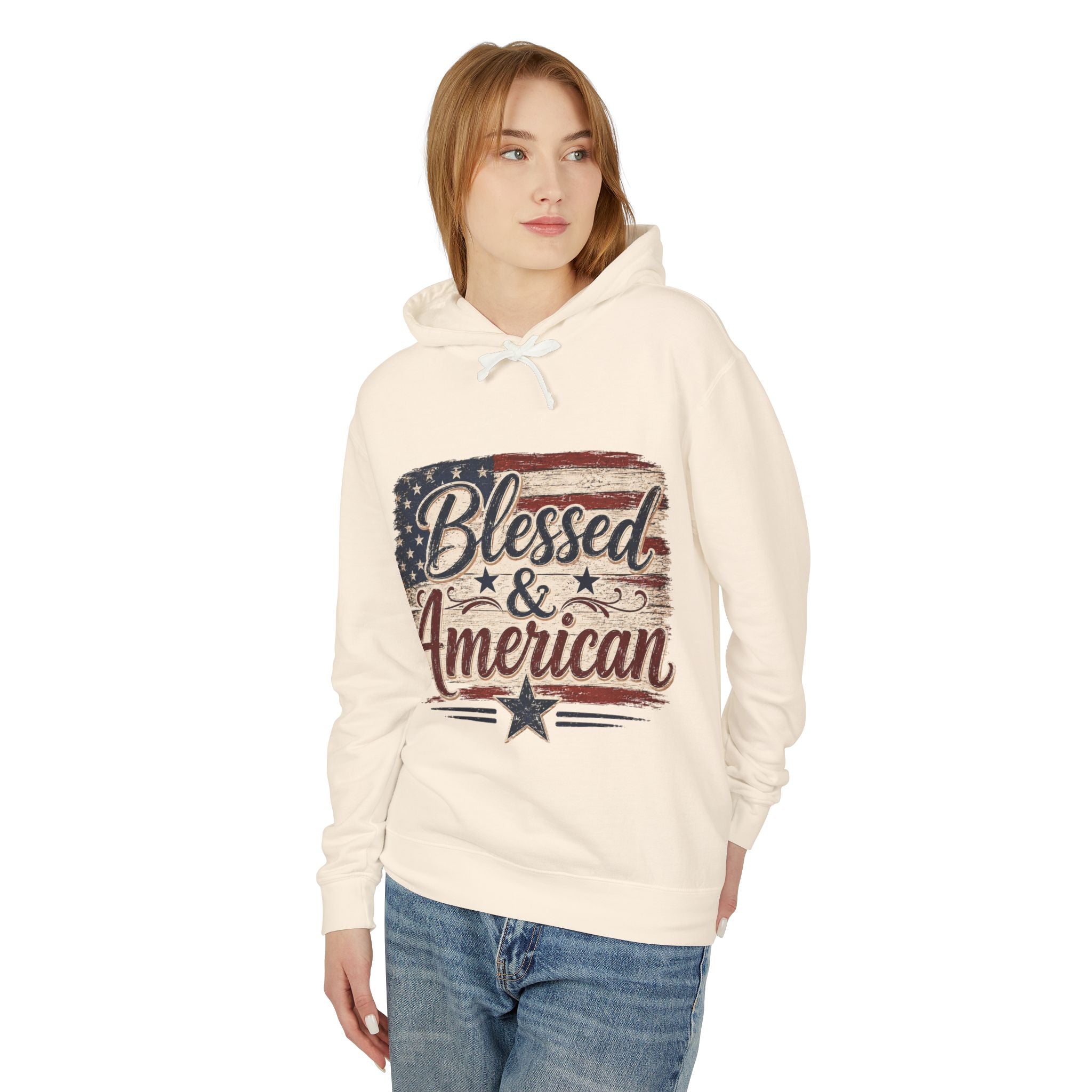 Blessed & American Hoodie — Patriotic Flag Graphic Lightweight Sweatshirt