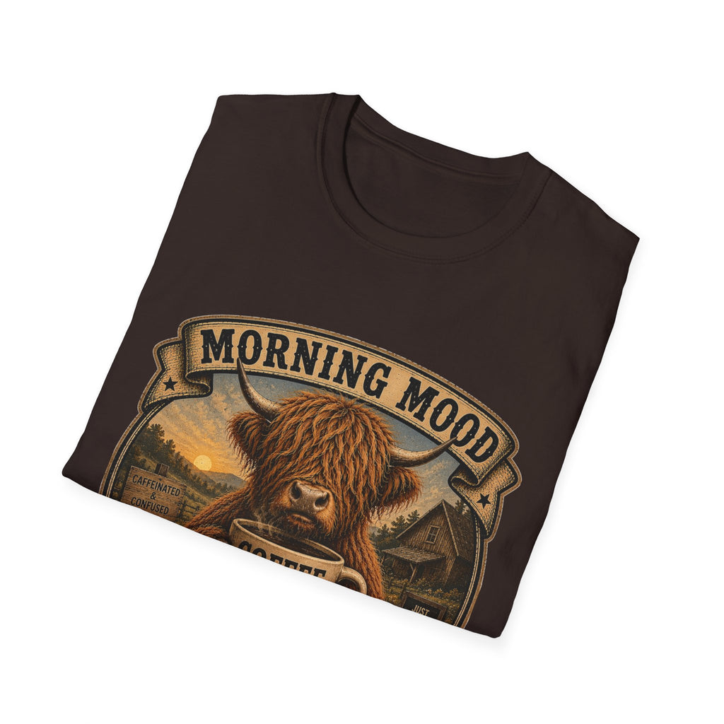 Morning Mood Moo First Questions Later Highland Cow Unisex Softstyle T-Shirt
