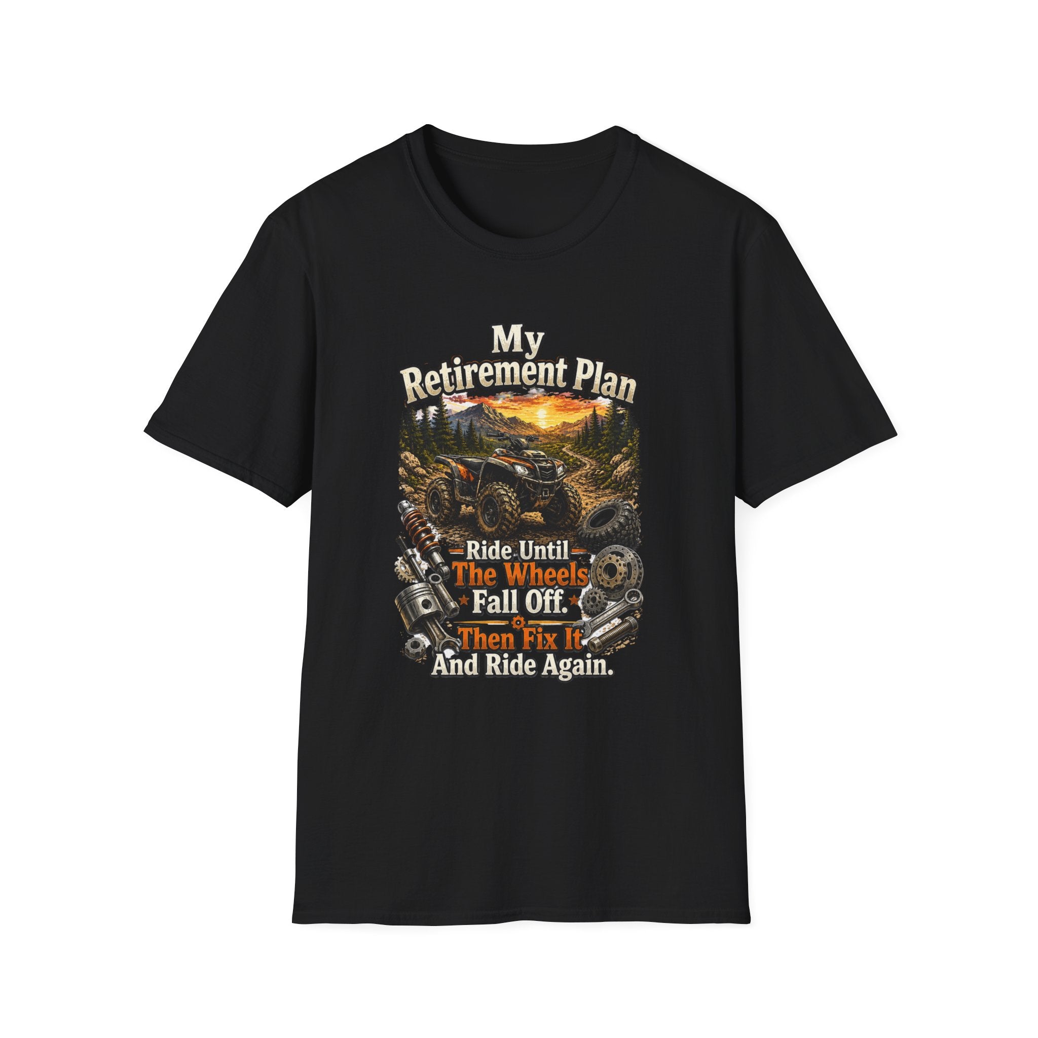 “My Retirement Plan: Ride Until I Can’t, Then Die With A Smile” Motorcycle Sunset Tee — T-Shirt