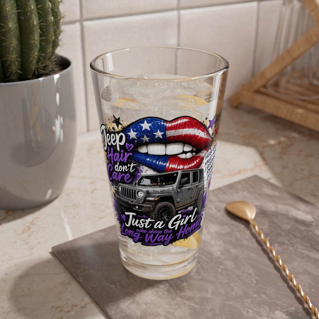 "Jeep Hair Don't Care" 16oz Patriotic Lips Design - Mixing Glass