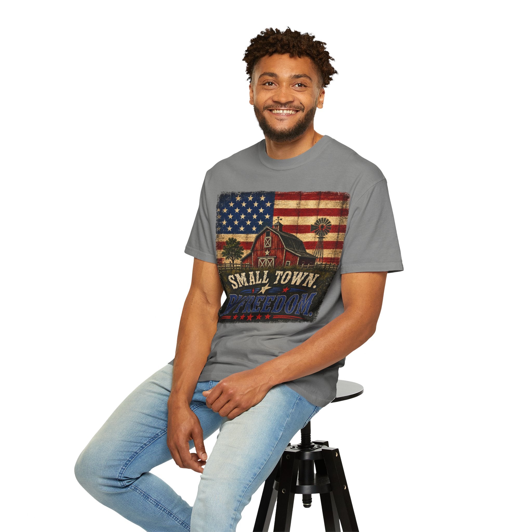 Small Town Big Freedom T-Shirt — Vintage American Flag Barn Tee