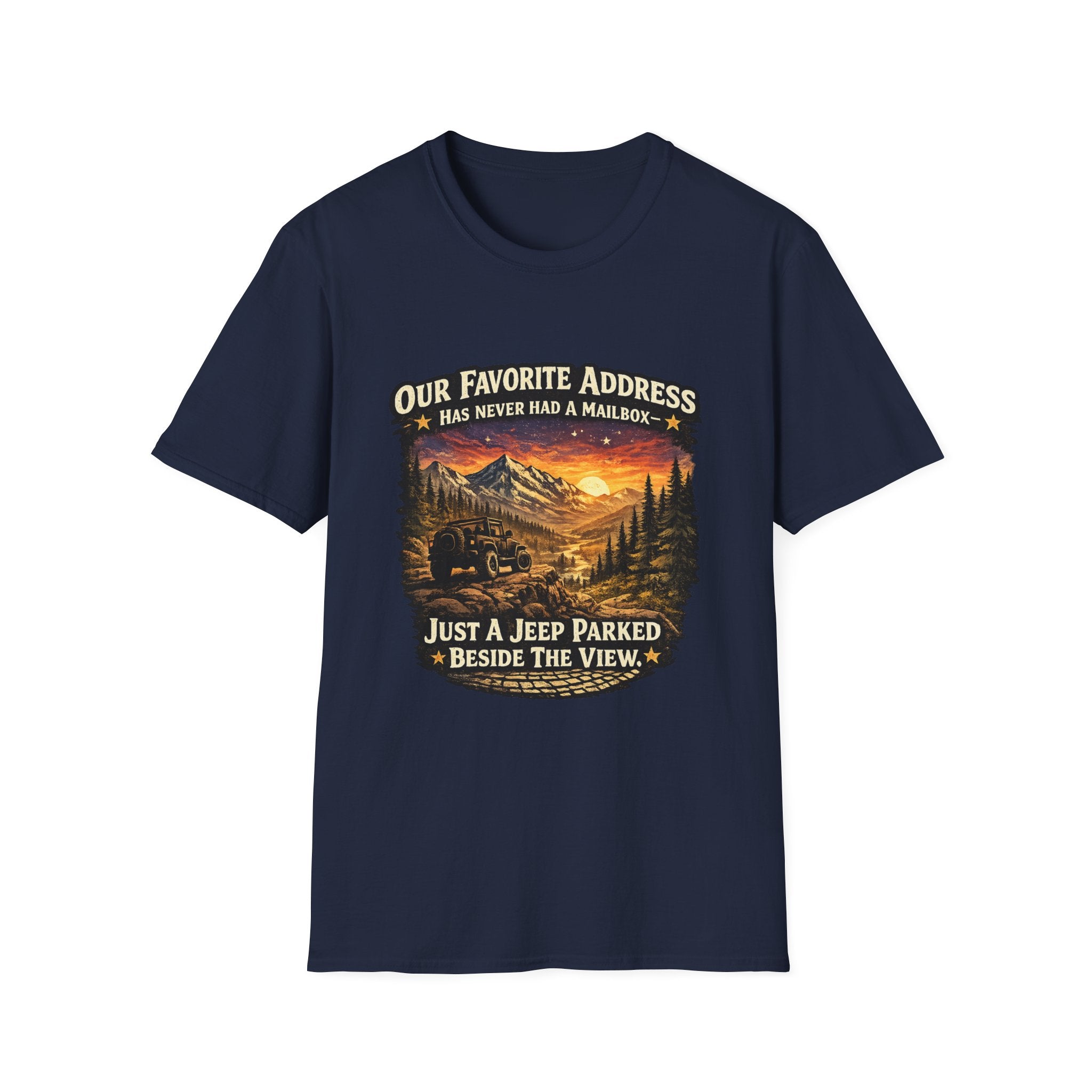 "Our Favorite Address Has Never Had a Mailbox" Scenic Mountain Camping Tee — T-Shirt
