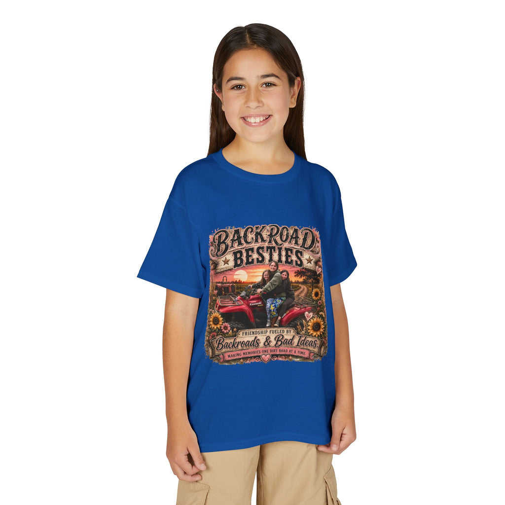 Backroad Besties Youth T‑Shirt — Vintage Tractor Sunset Kids Tee