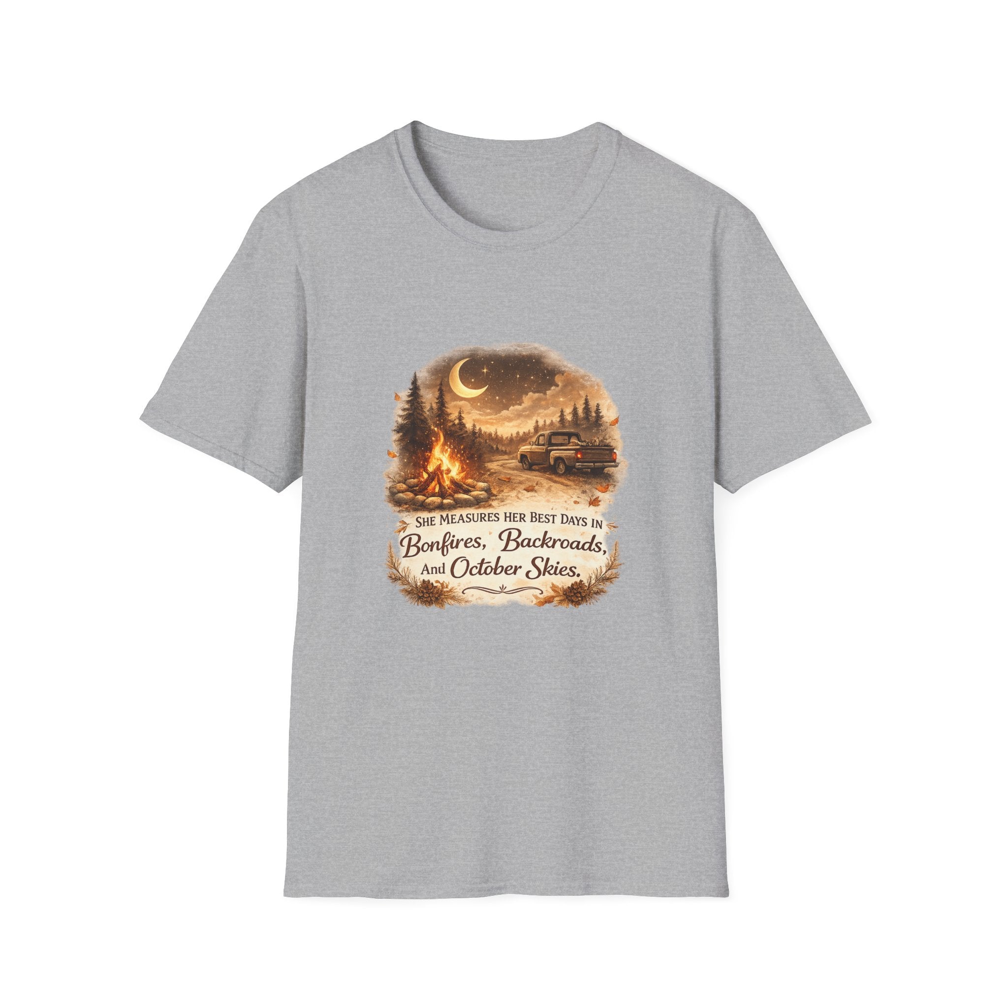 'Bonfires, Backroads, and October Skies' Outdoor Tee — Camping Scene T‑Shirt