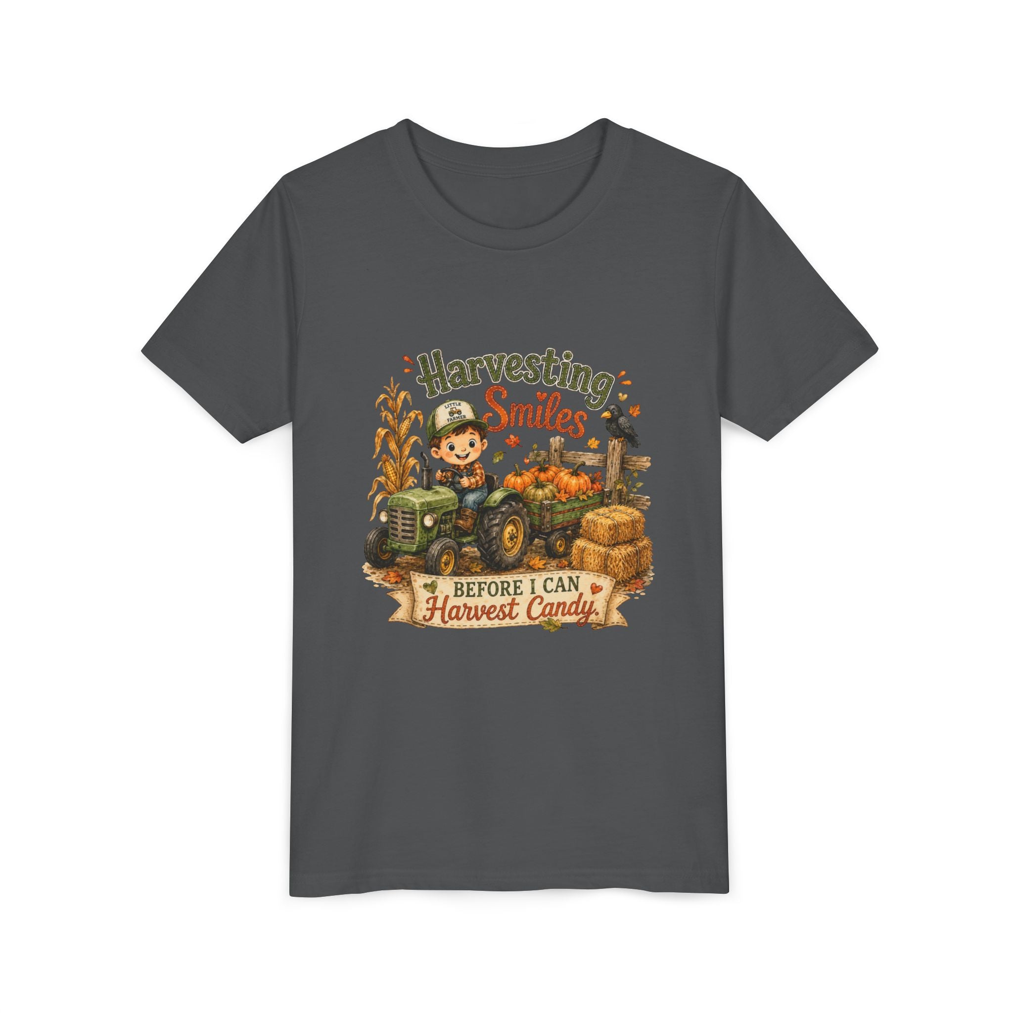 "Harvesting Smiles Before I Can Harvest Candy" Fall Tractor Halloween Kids Shirt — Youth Tee