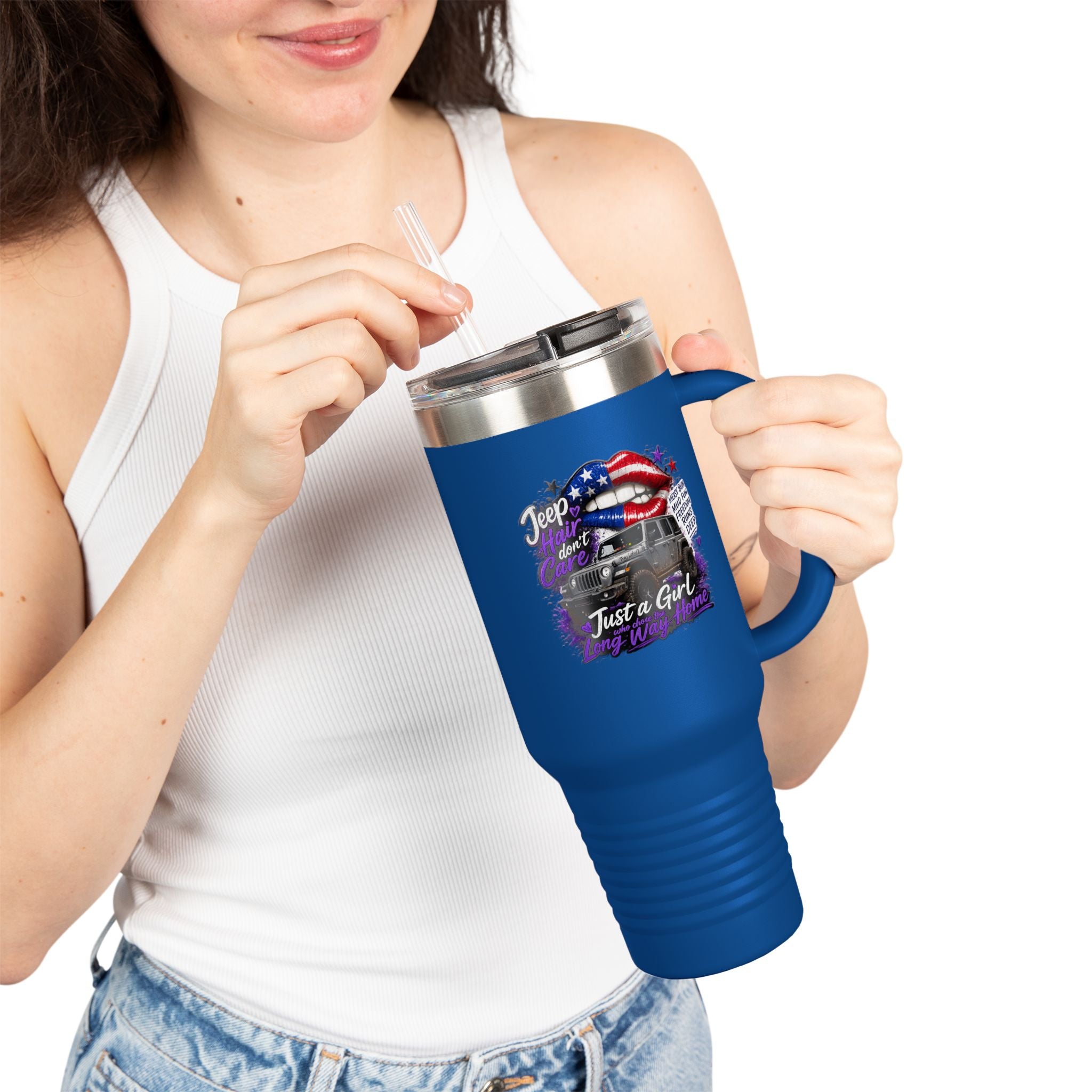 "Jeep Hair Don't Care" Patriotic Truck Design — 40oz Insulated Travel Mug