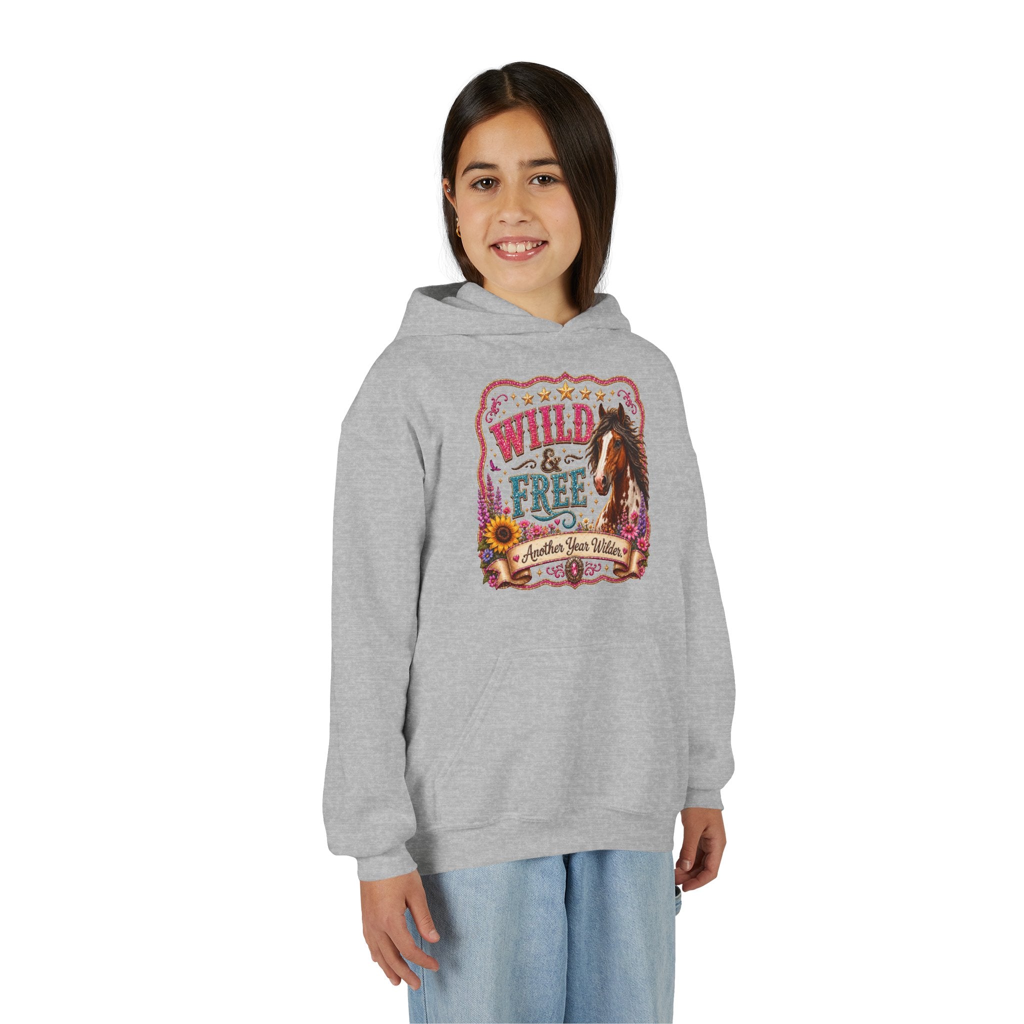 Youth Hoodie — "Wild & Free" Horse Graphic Pullover