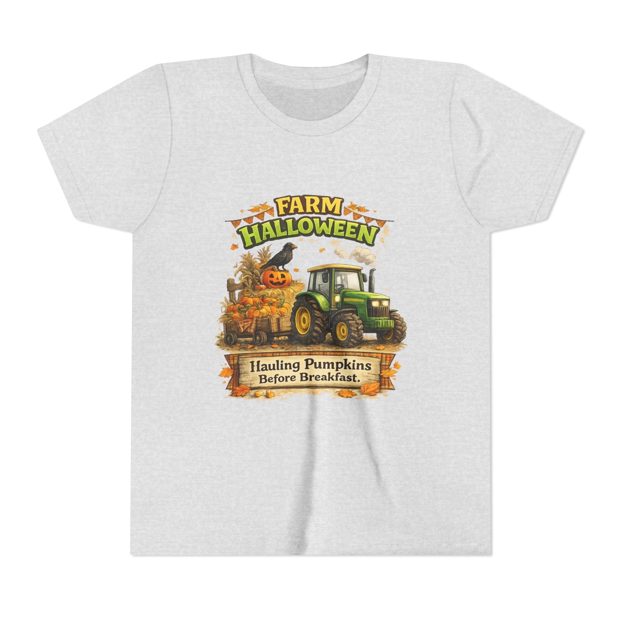 "Hauling Pumpkins Before Breakfast" Tractor Graphic — Youth Farm Halloween Tee