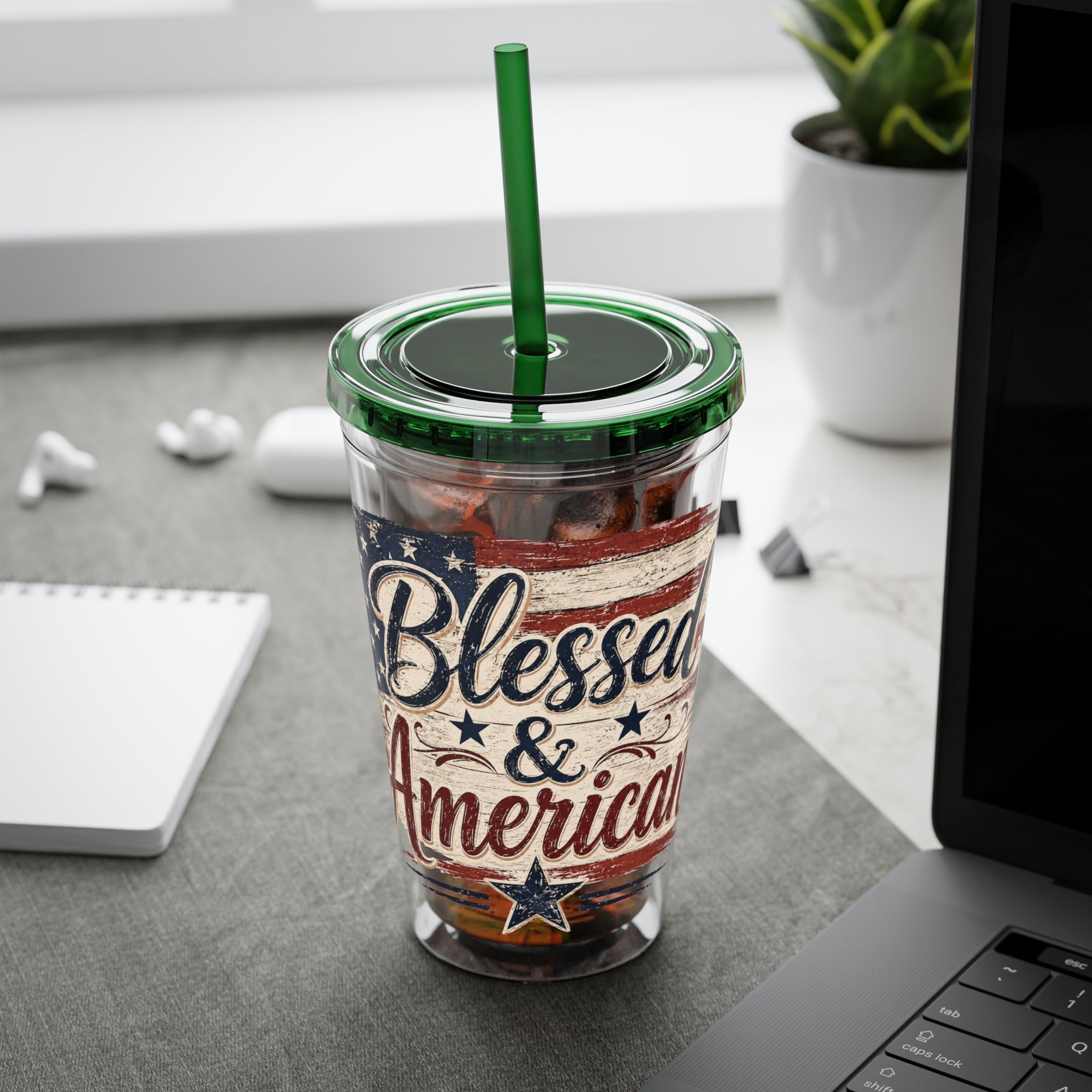 Blessed & American Sunsplash Tumbler with Straw, 16oz