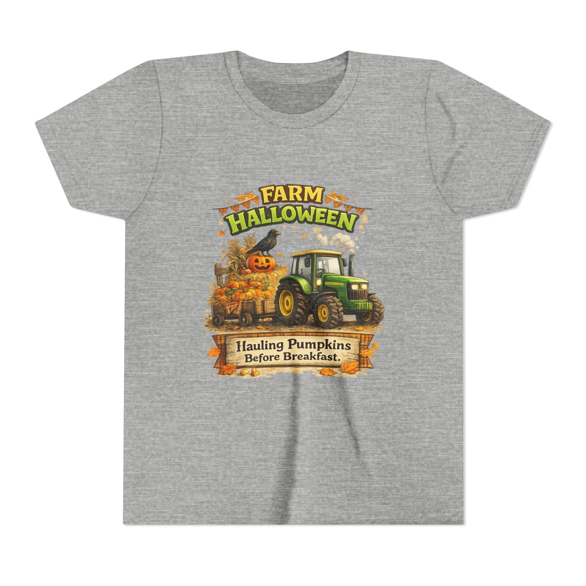 "Hauling Pumpkins Before Breakfast" Tractor Graphic — Youth Farm Halloween Tee