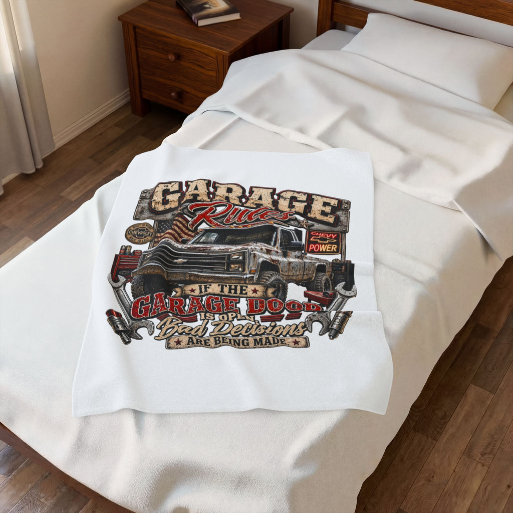 Garage Rules Velveteen Plush Blanket — “If the Garage Door Is Open Bad Decisions Are Being Made” Vintage Truck Design