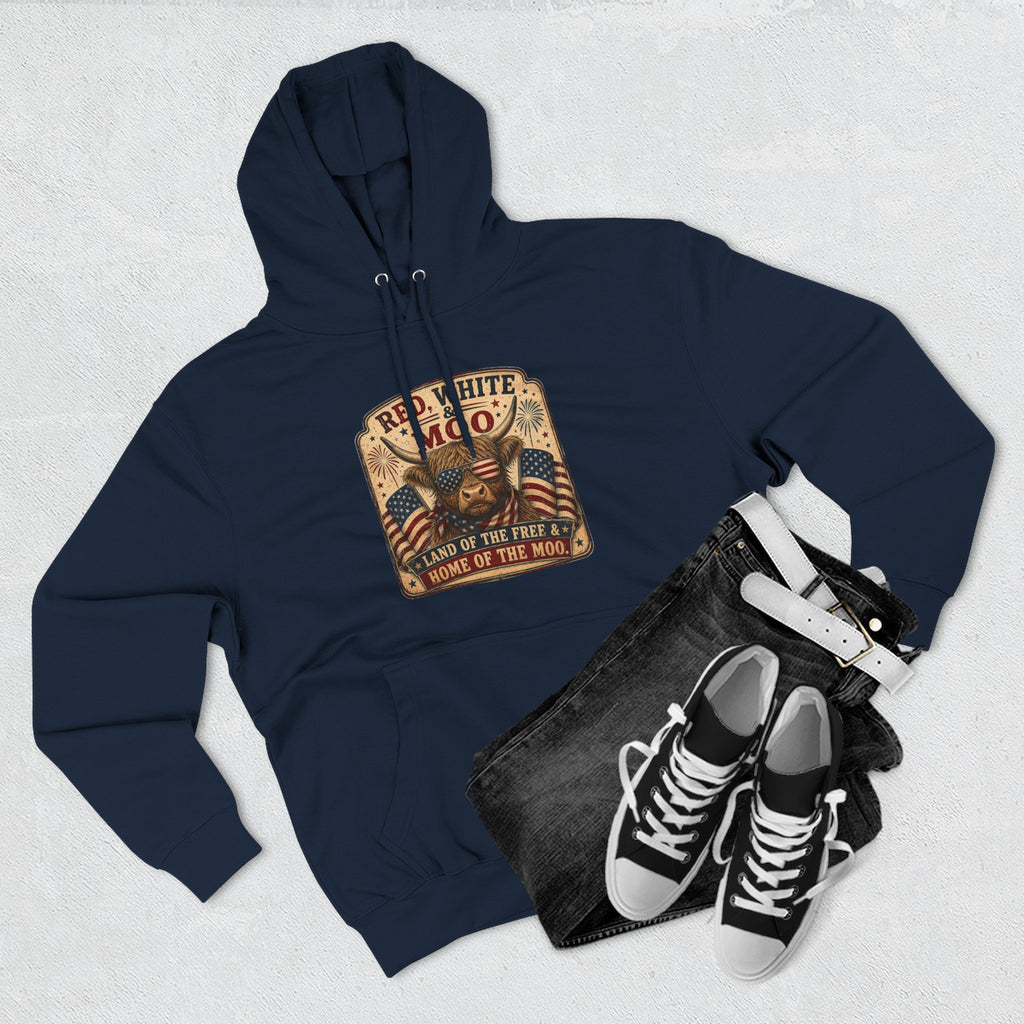 Red, White, & Moo Highland Cow Three-Panel Fleece Hoodie