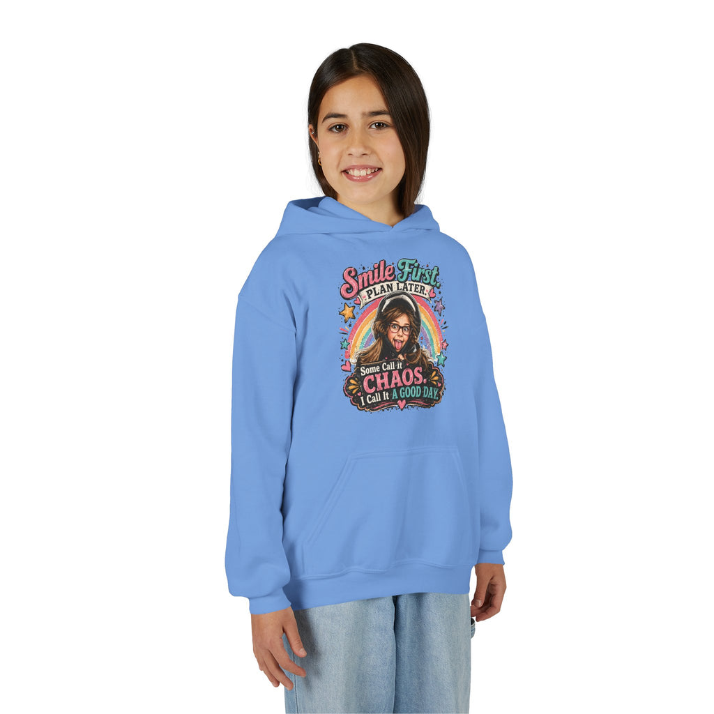 “Smile First, Plan Later” Retro Rainbow Chaos Graphic — Youth Hoodie