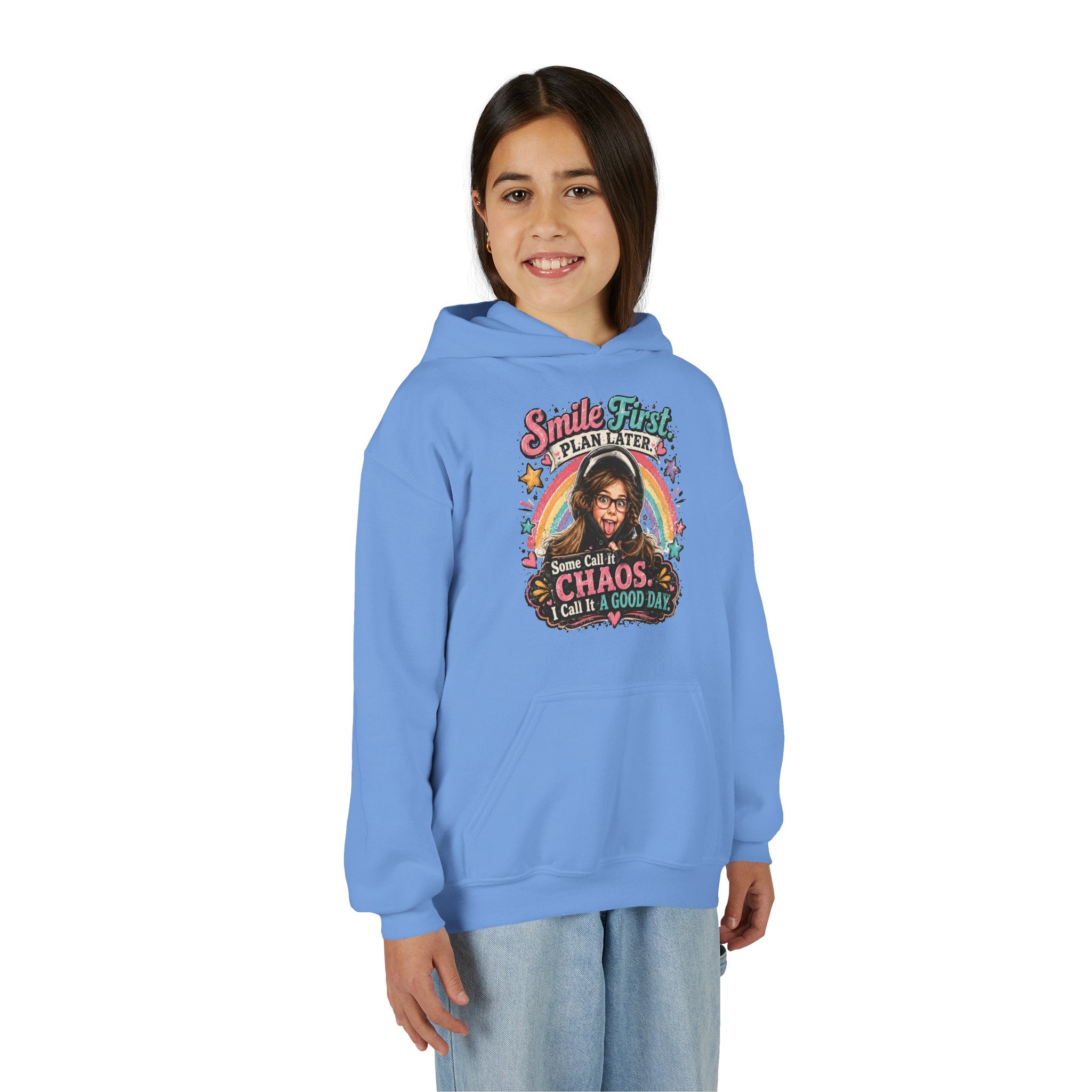“Smile First, Plan Later” Retro Rainbow Chaos Graphic — Youth Hoodie