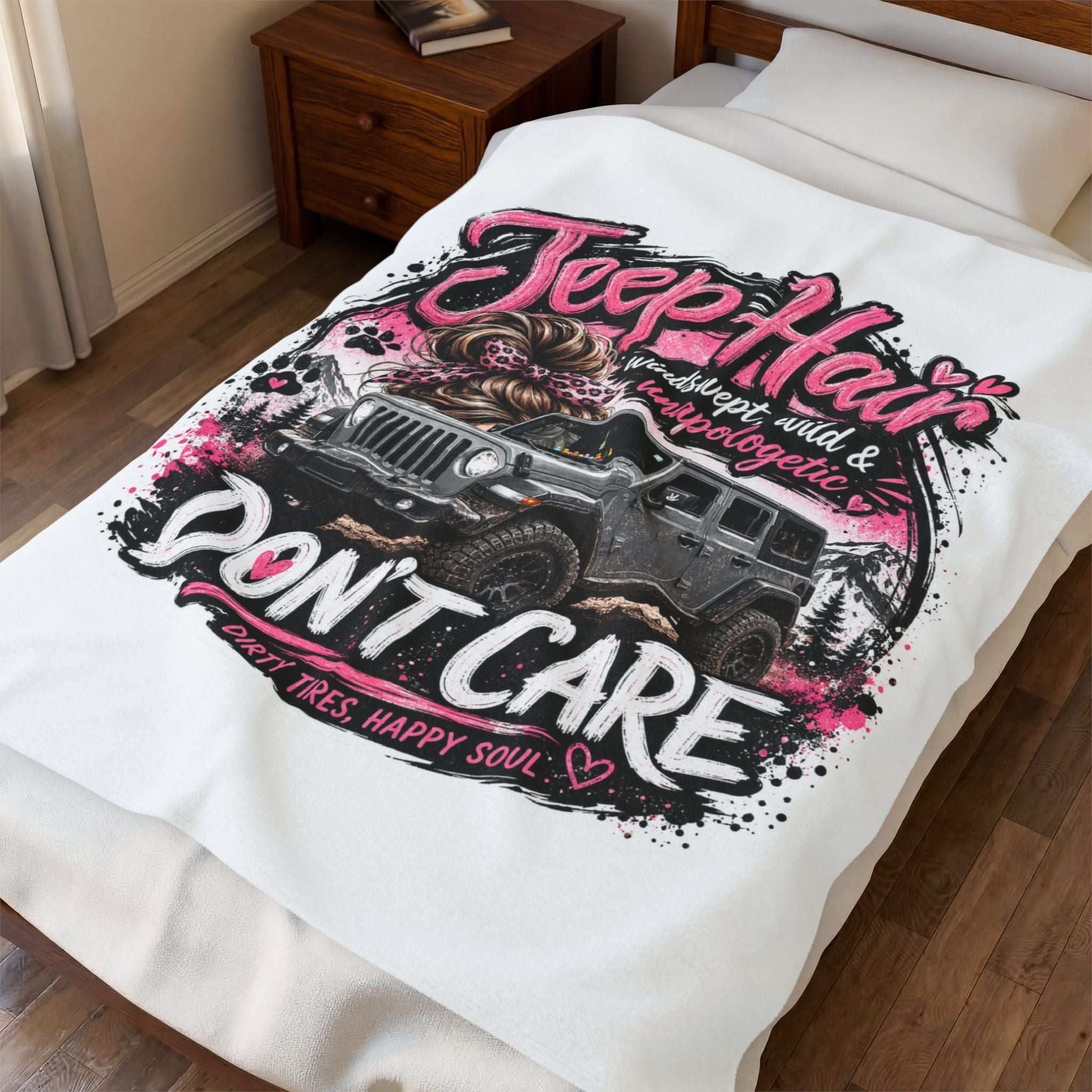 Jeep Hair Don’t Care Velveteen Plush Blanket – Off‑Road Women’s Cozy Throw