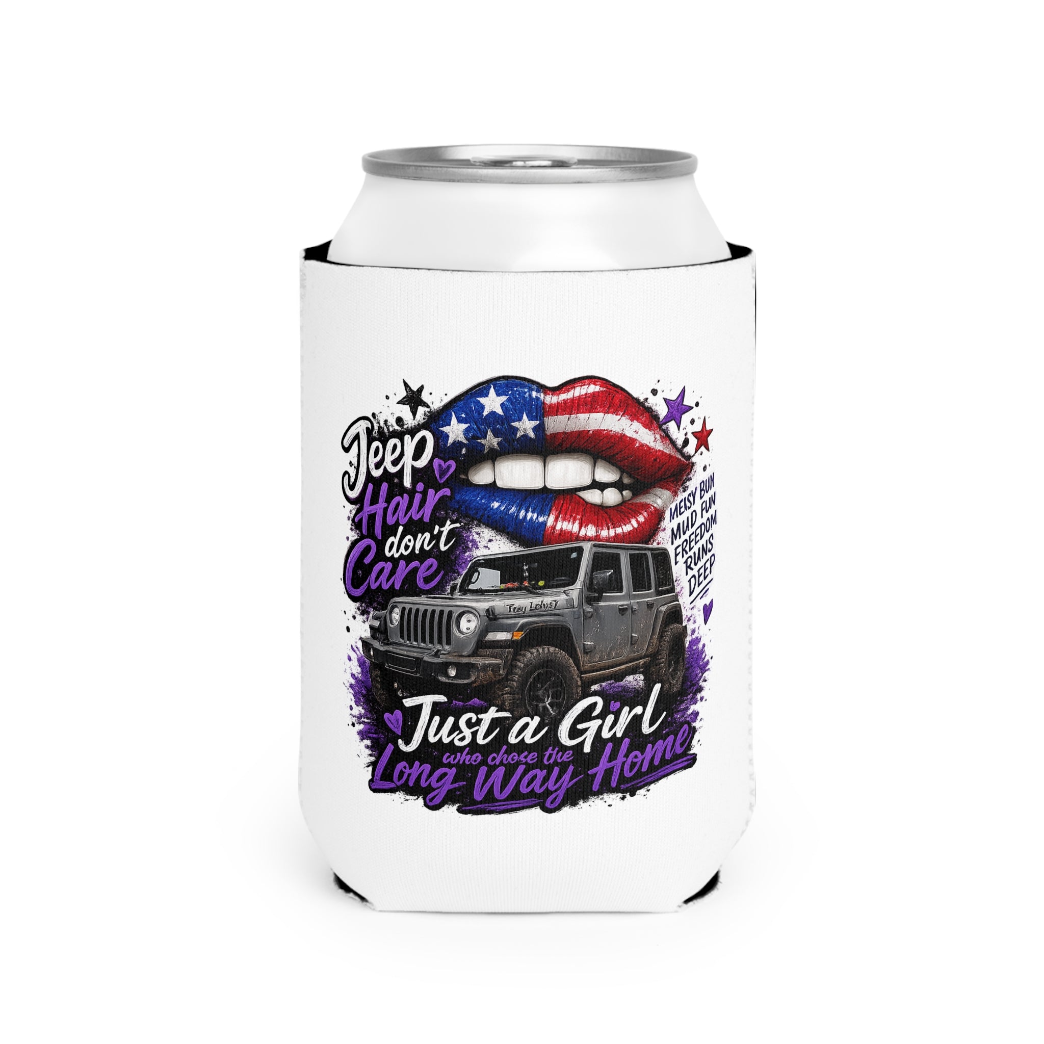 “Jeep Hair Don’t Care” Patriotic Off‑Road Girl Koozie Can Cooler Sleeve