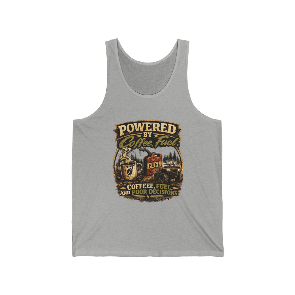 “Powered by Caffeine: Coffee, Fun, and Poor Decisions” Graphic Tank – Coffee Tank Top