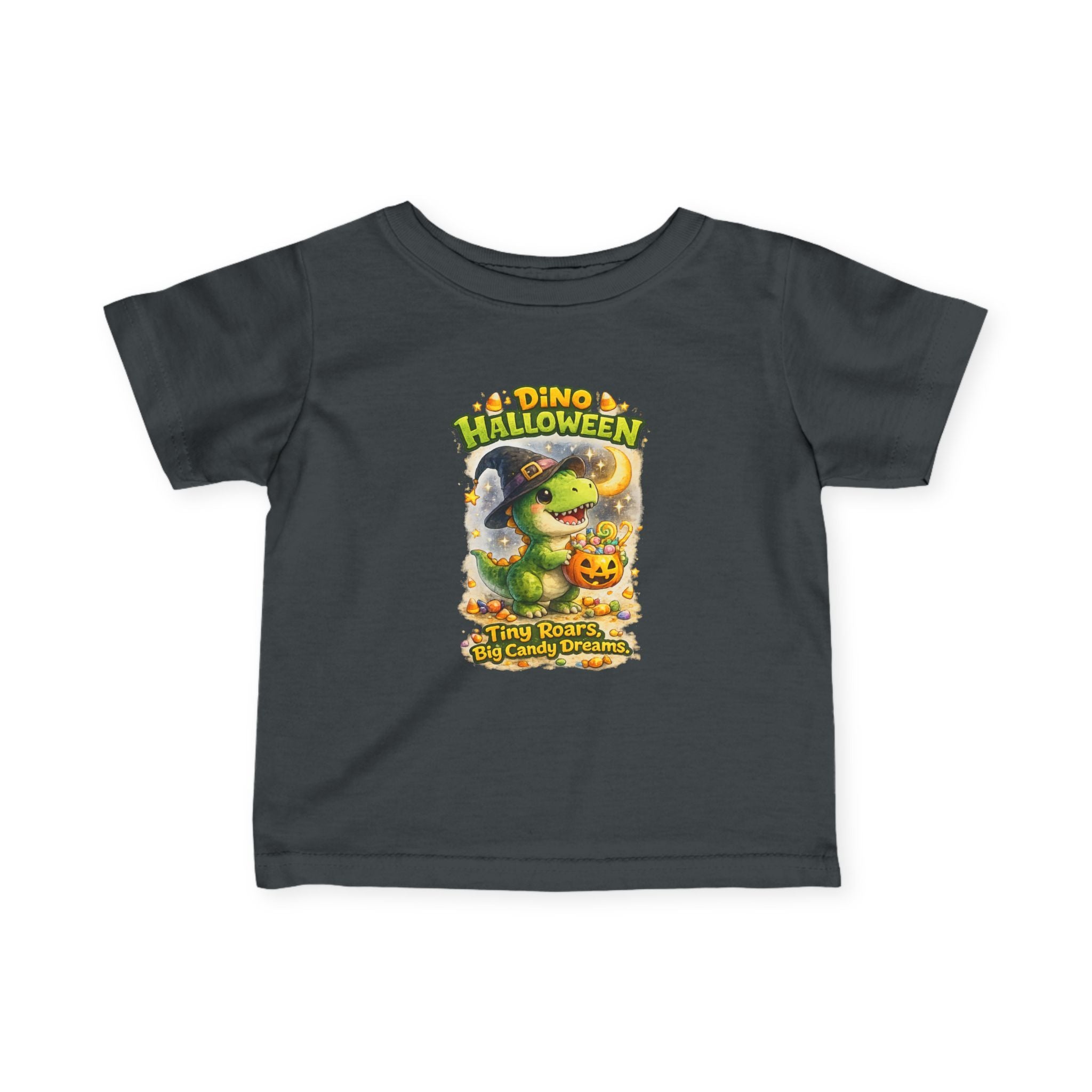 "Tiny Roars, Big Candy Dreams" Baby Shirt — Infant Halloween Dino Tee