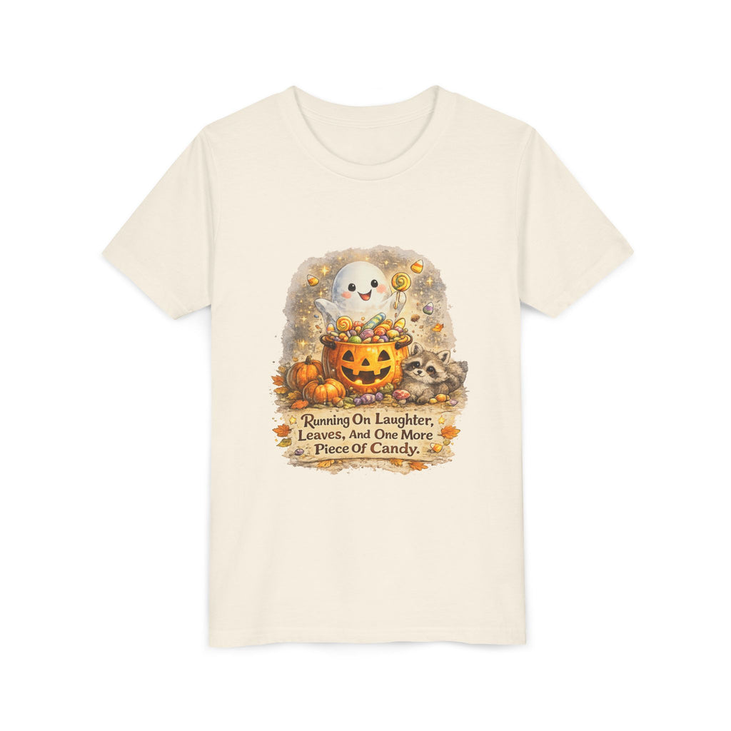 Cute Ghost, Pumpkin Candy & 'Running On Laughter, Leaves, And One More Piece Of Candy' — Youth Halloween Tee