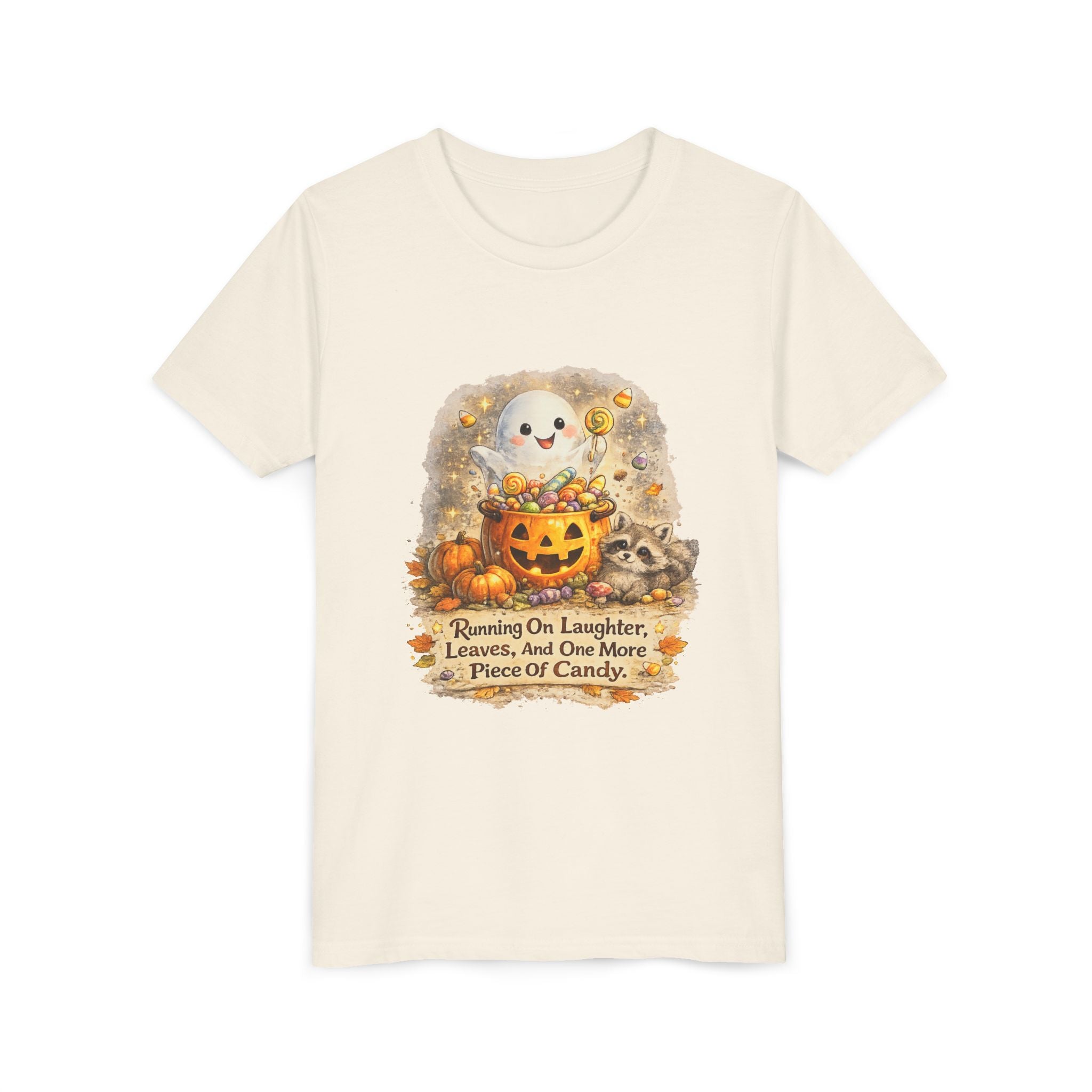 Cute Ghost, Pumpkin Candy & 'Running On Laughter, Leaves, And One More Piece Of Candy' — Youth Halloween Tee