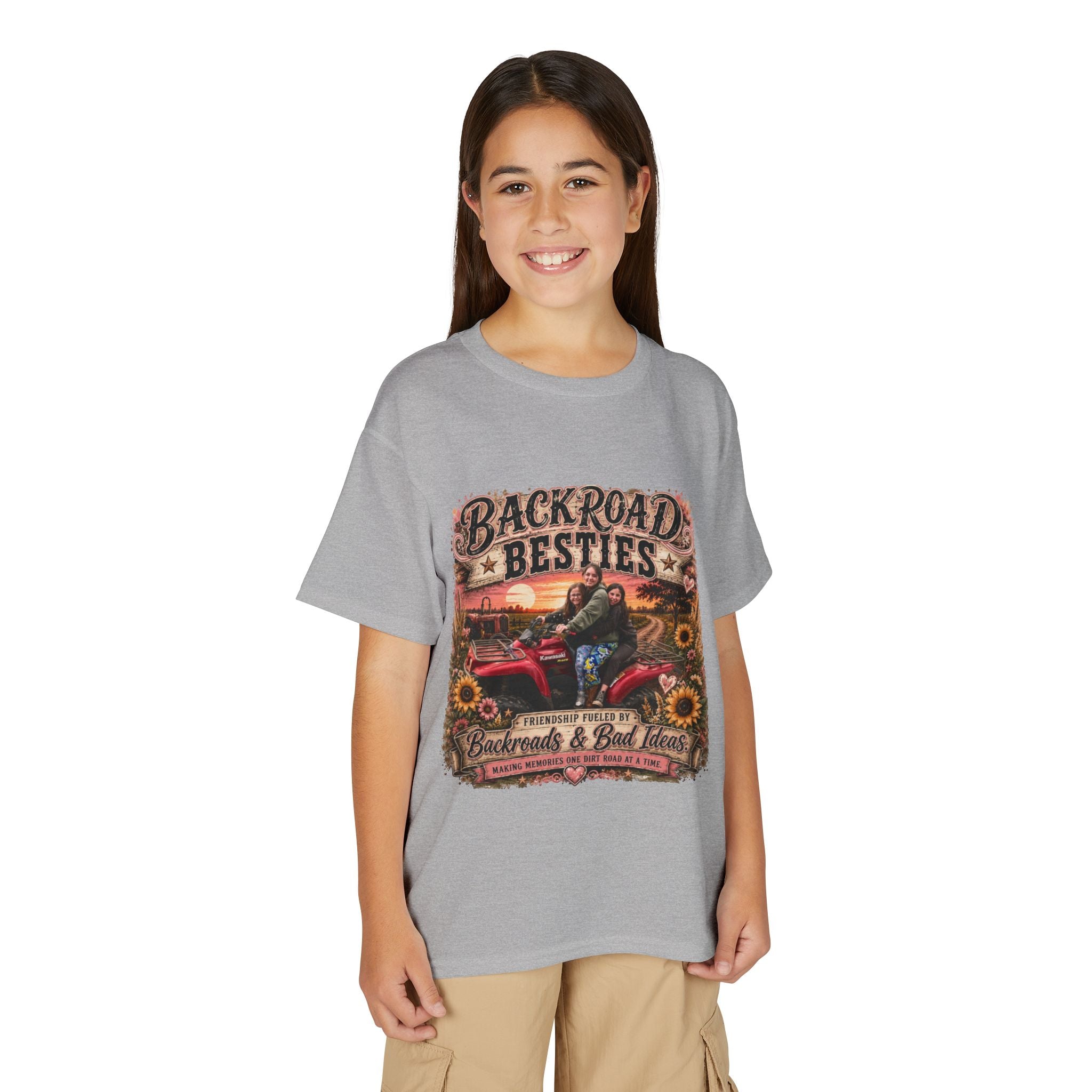 Backroad Besties Youth T‑Shirt — Vintage Tractor Sunset Kids Tee