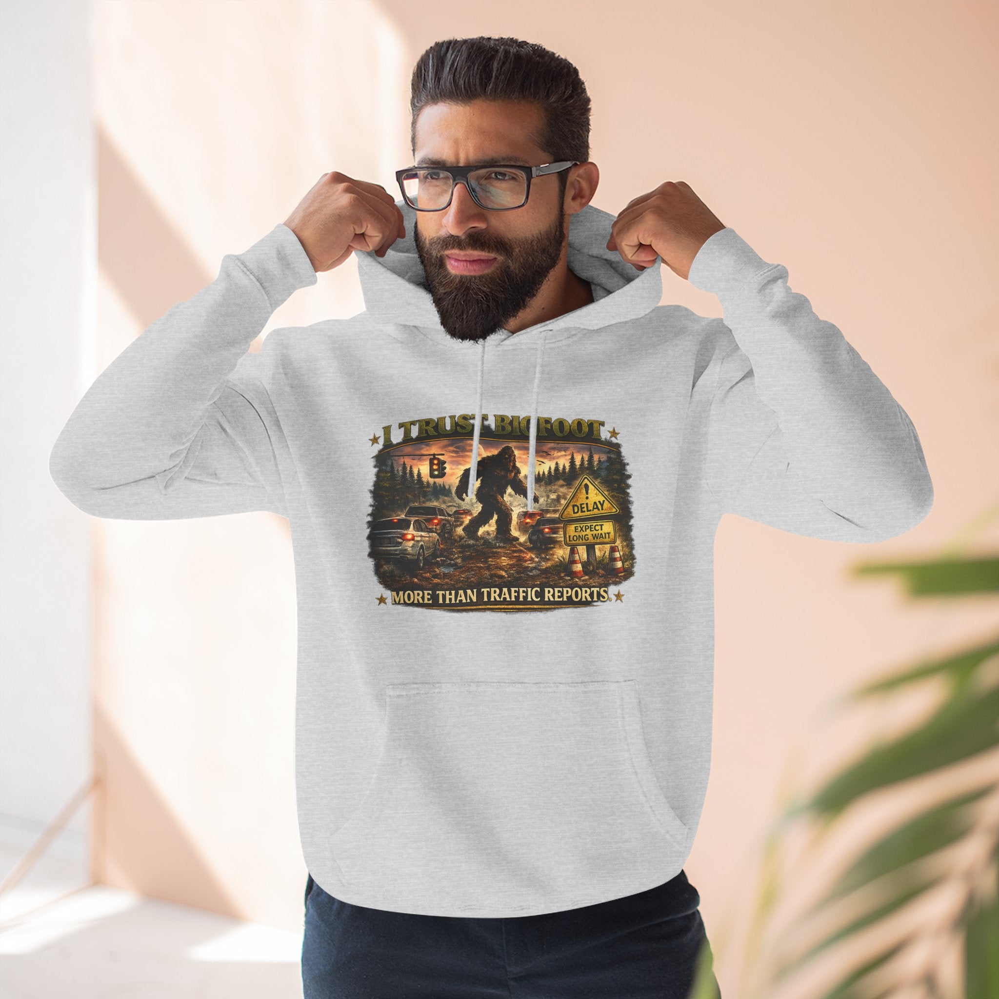 Bigfoot Forest Hoodie - "More Than Traffic Reports" Retro Sasquatch Graphic Hoodie