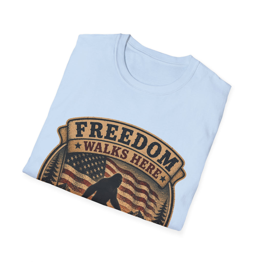 Freedom Walks Here T-Shirt — Patriotic Bigfoot Graphic Tee