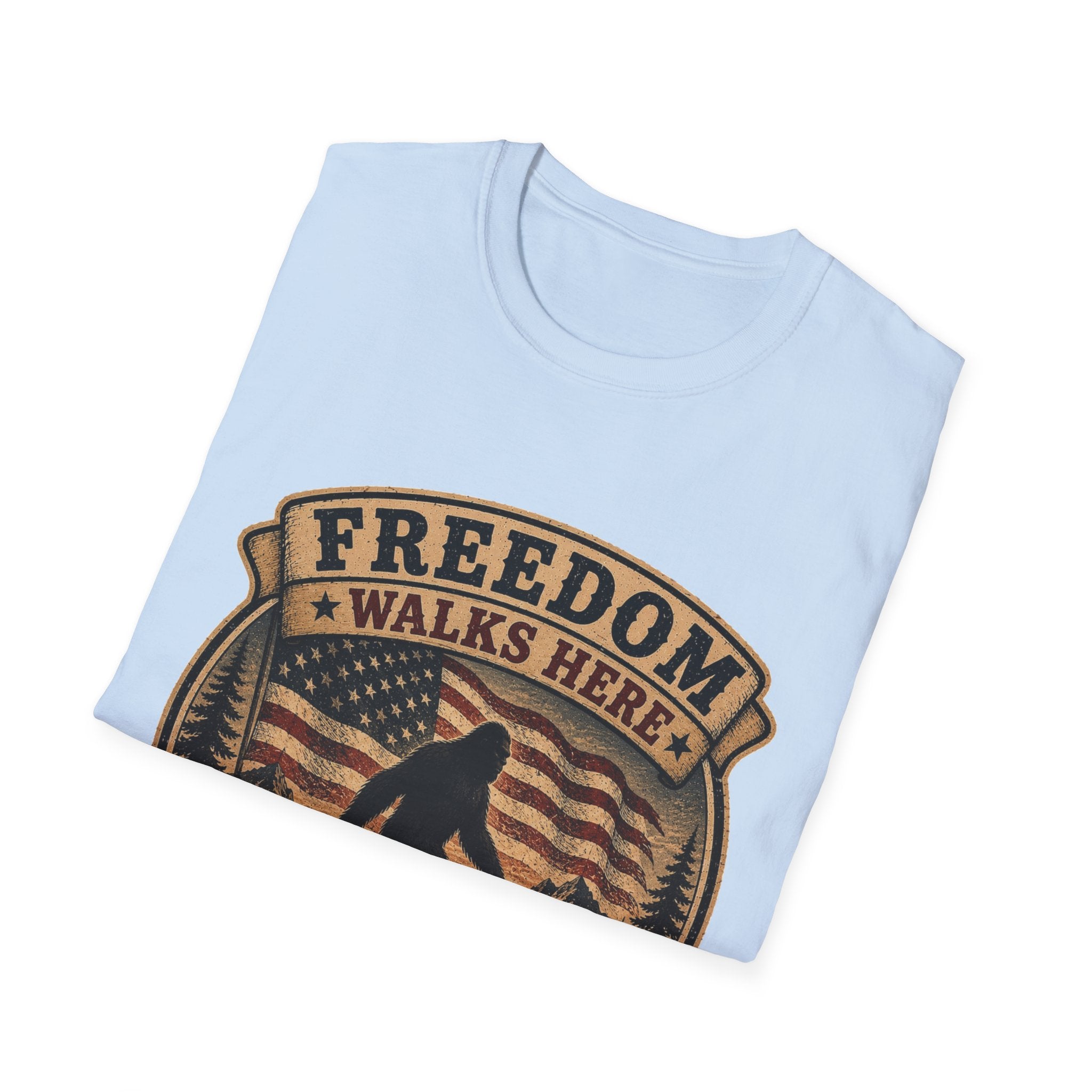 Freedom Walks Here T-Shirt — Patriotic Bigfoot Graphic Tee