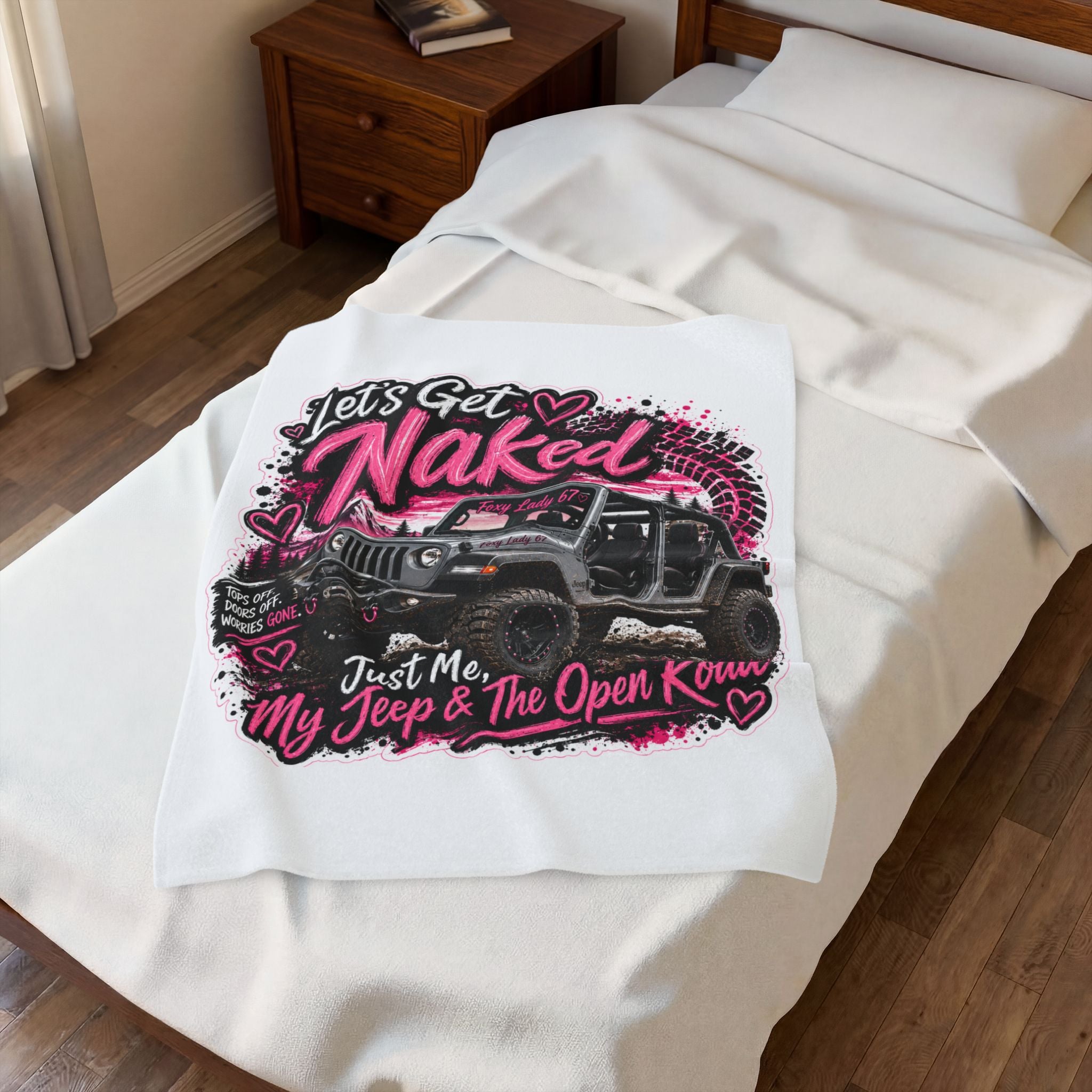 Let's Get Naked Jeep (Pink) Velveteen Plush Blanket
